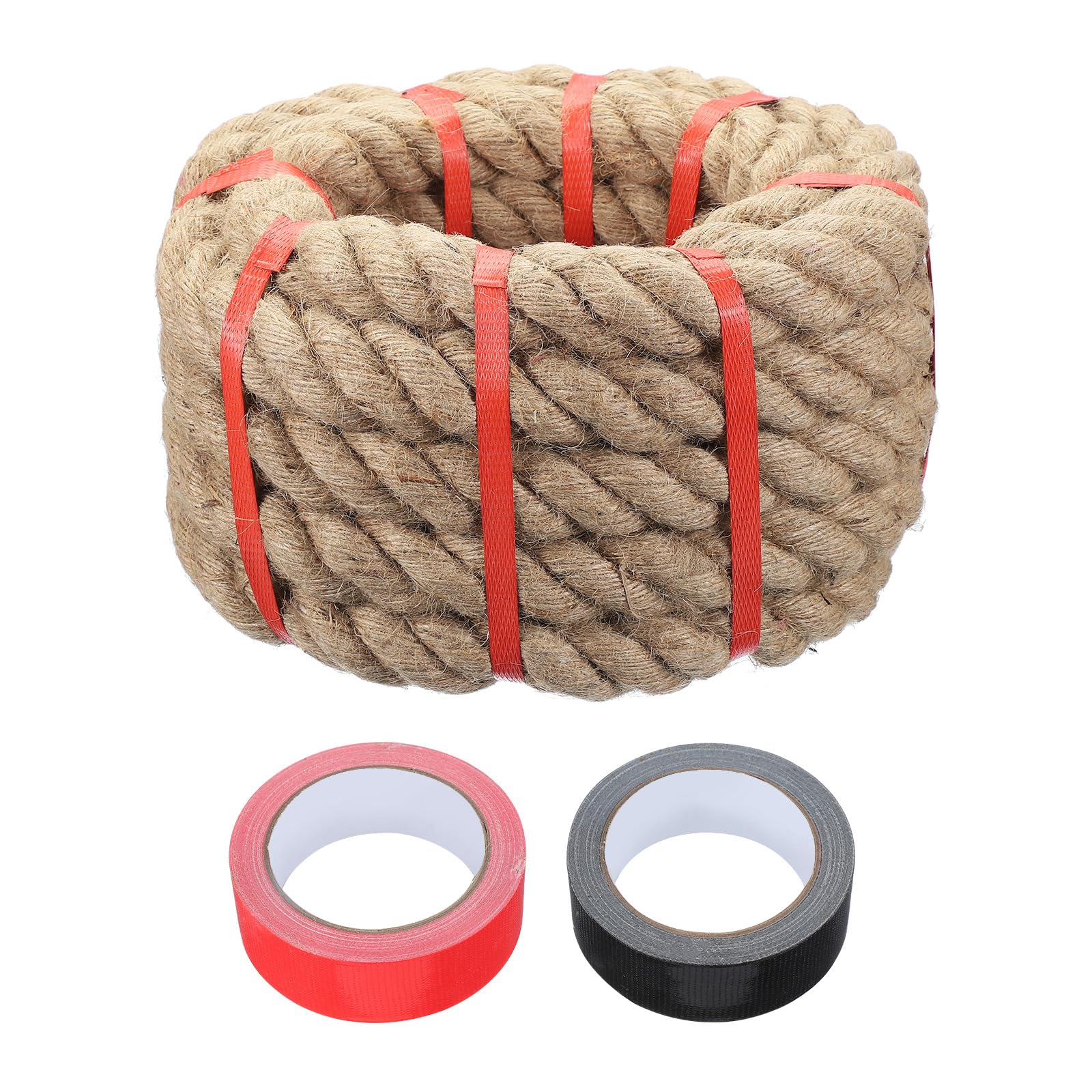 sourcing map Jute Rope 1.5 Inch x 20ft, Heavy Natural Thick Twine Rope with 2 Roll Tapes, Twisted Manila for Crafts Railing Docks Tug of War Swing Nautical Landscaping