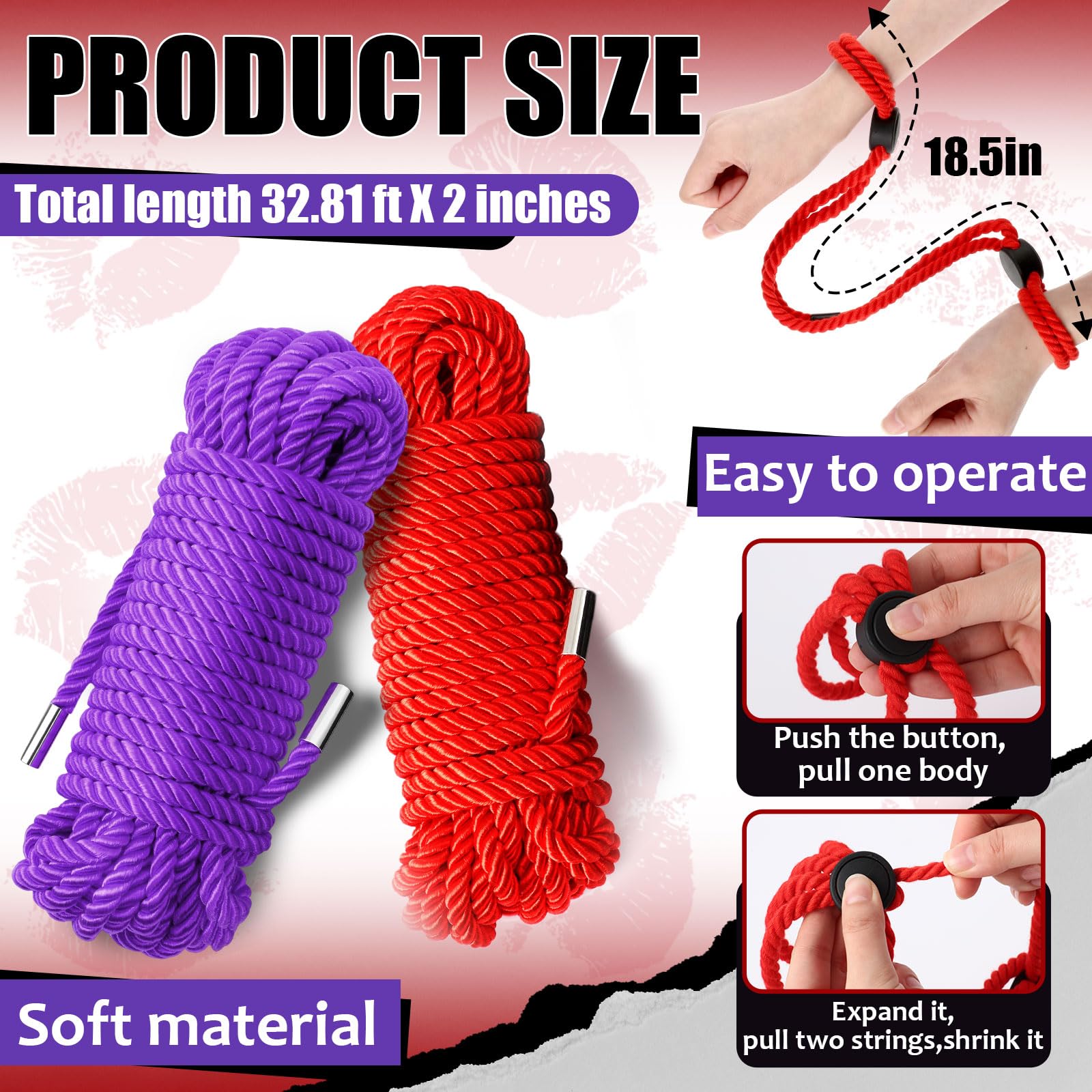 Tisancy 4 Pcs Multifunctional Craft Cord Kit with 2 Soft Silk Macrame Cords and 2 Adjustable Nylon Bracelets, 32.81 ft Twisted Trim Cord for DIY Crafts and Home Decoration(): Red, Purple