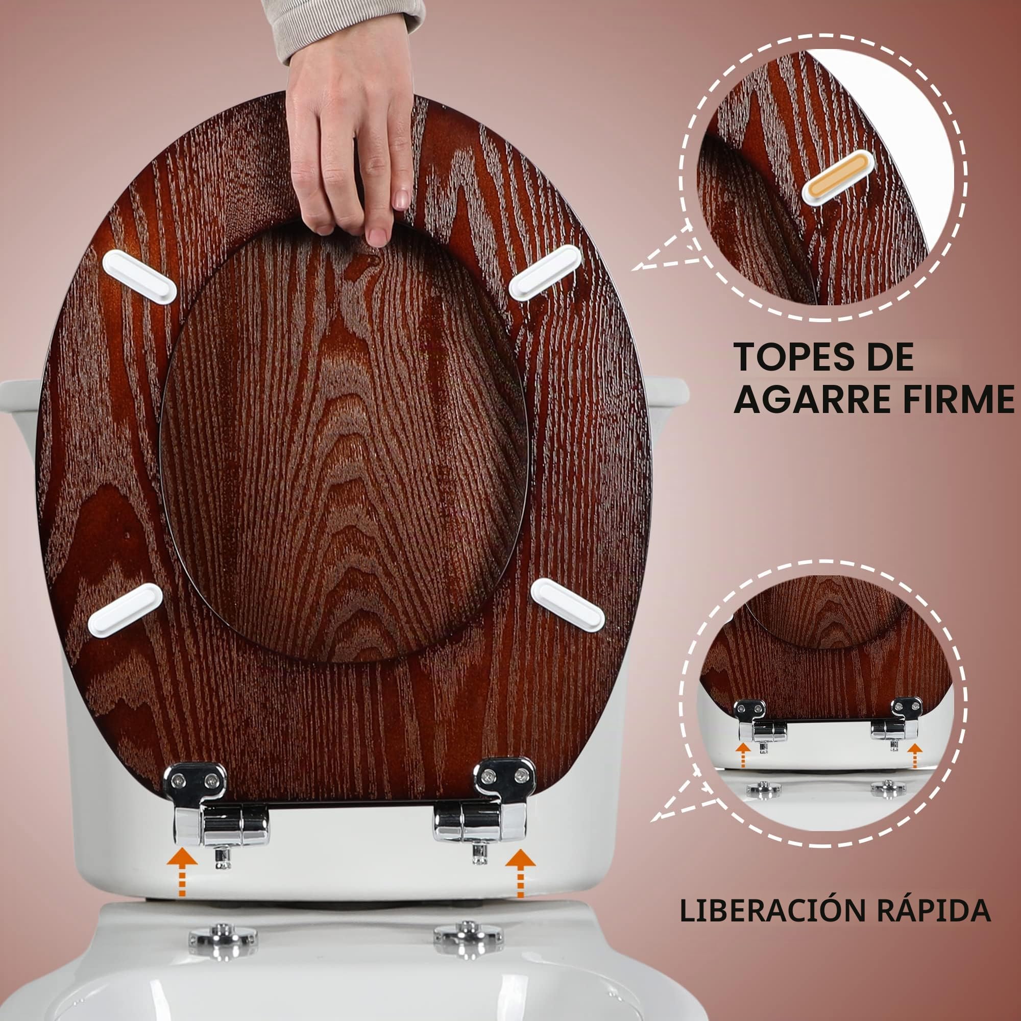 Angel Shield Asiento de inodoro de madera natural con cierre silencioso y bisagras de liberación rápida, fácil de instalar y limpiar, antibacteriano (nogal oscuro)