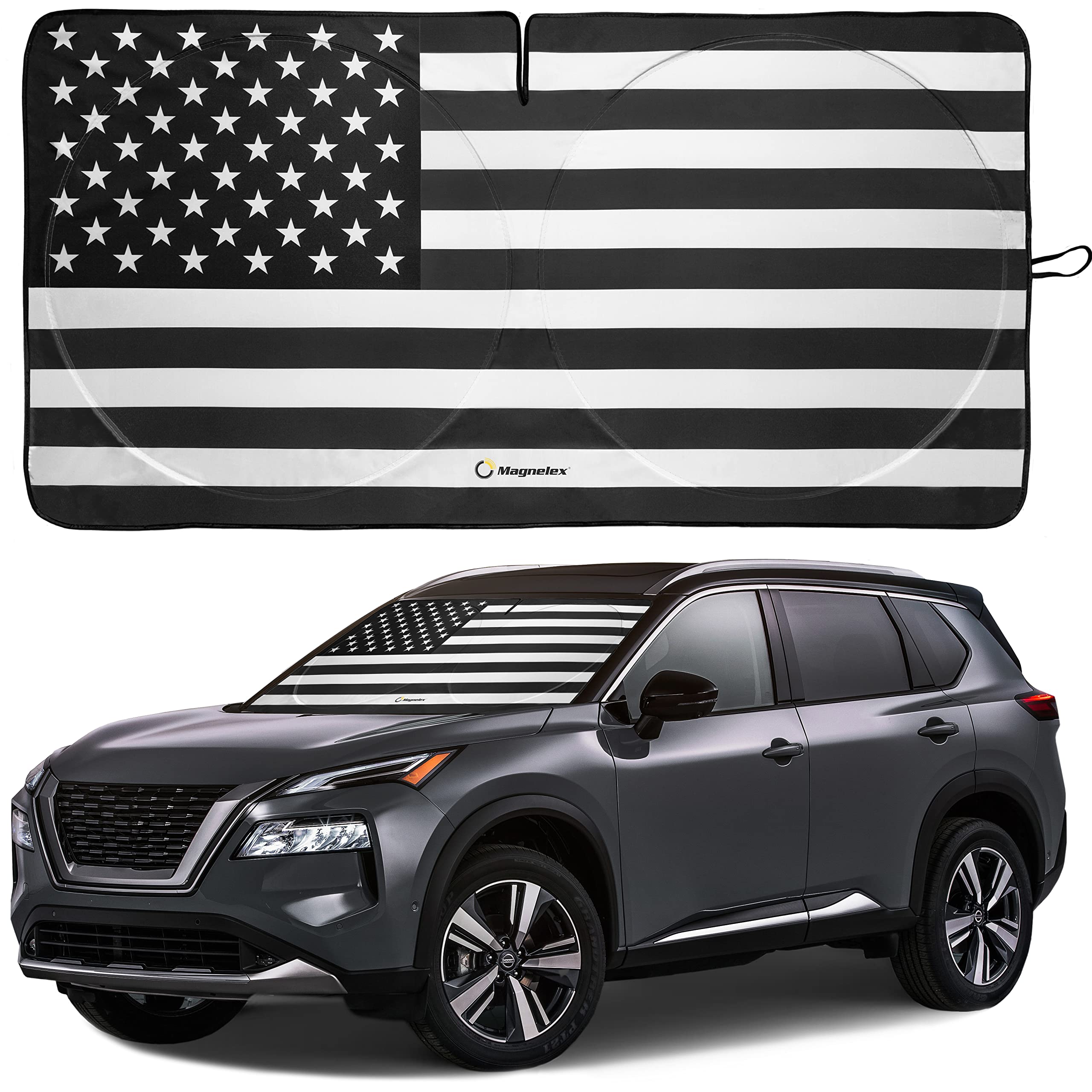 Photo 1 of American Flag Windshield Sun Shade, High-Resolution Car Sun Shield with Mirror Cut-Out for Automotive Interior Sun and Heat Protection, Folding Sunshade with Storage Bag - Medium, Black & White USA B&W Flag Medium