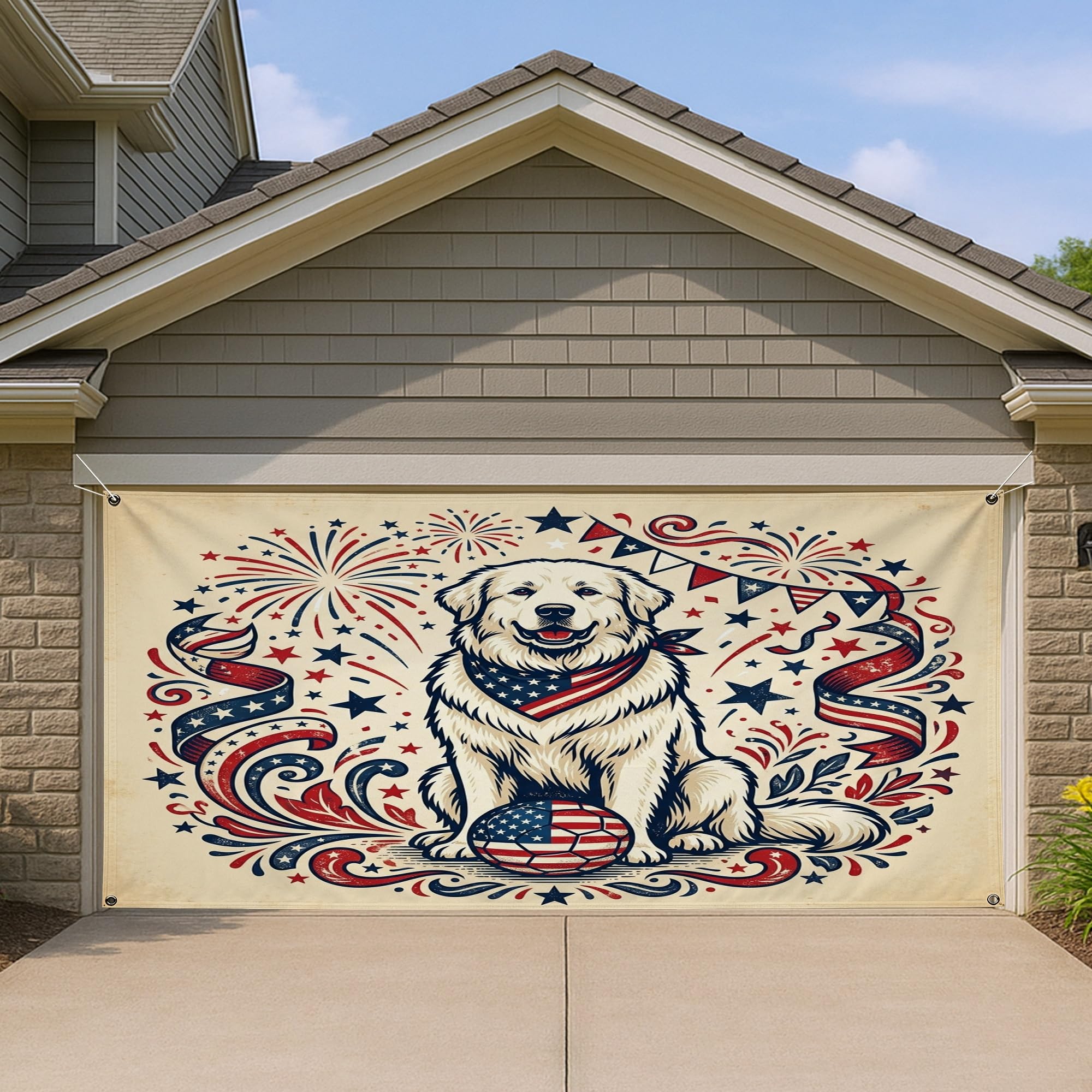 Décoration vintage feux d'artifice et chien pour porte de garage 397x180