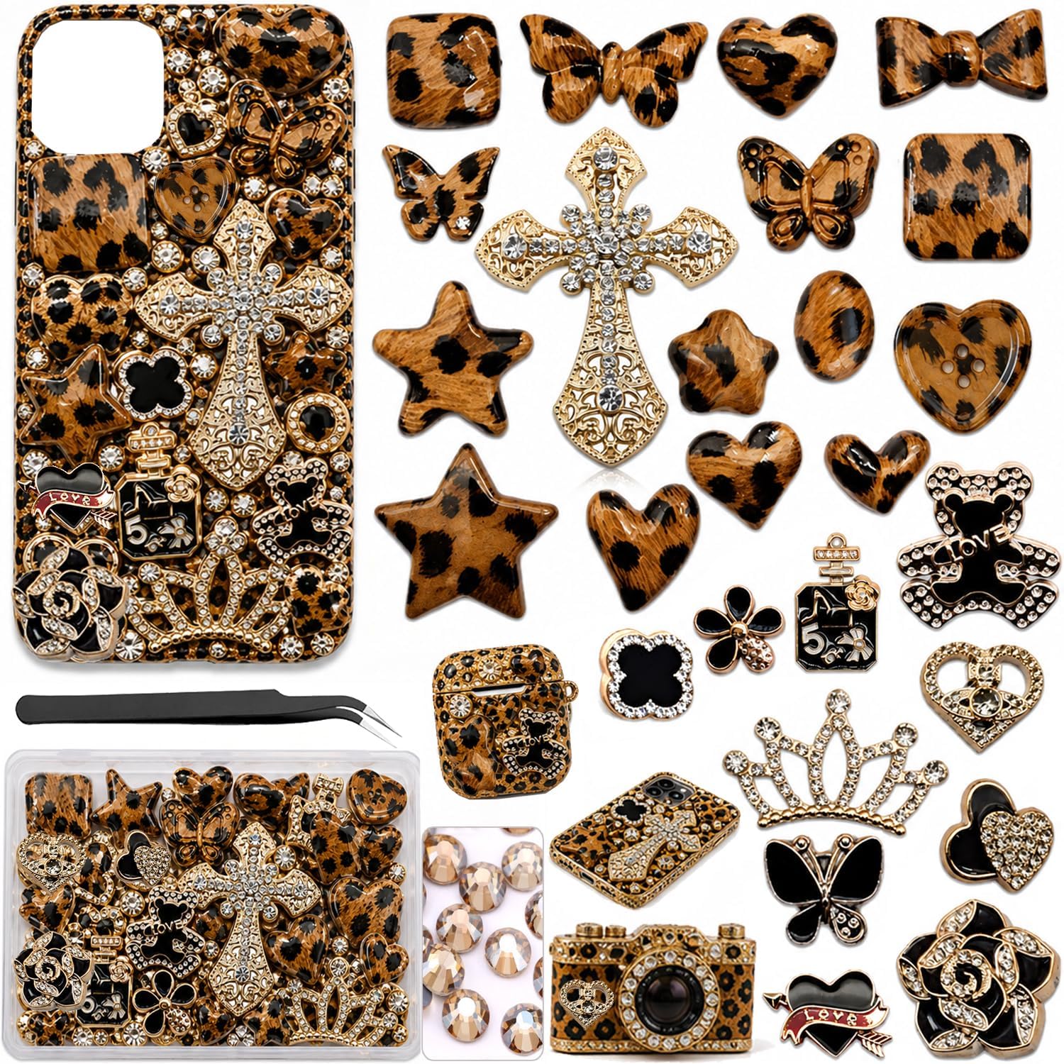 Junk Case Charms Kit, Leopard Print Junks Phones Cases with Gold Rhinestone Cross, Flower, Butterfly, Assorted Leopard Heart Charms And Other Bedazzling Kits Can Be Used In DIY Phone Case Charm Designs