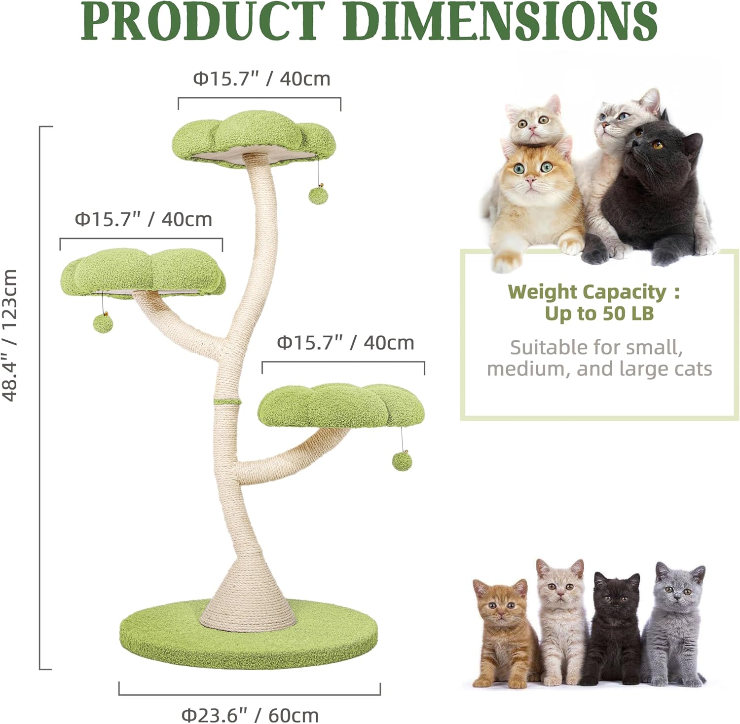 Cat Tree Tower Petal Shaped Modern Cat Scratching Post Multi-Layer Platform (Green, 48.4inch)