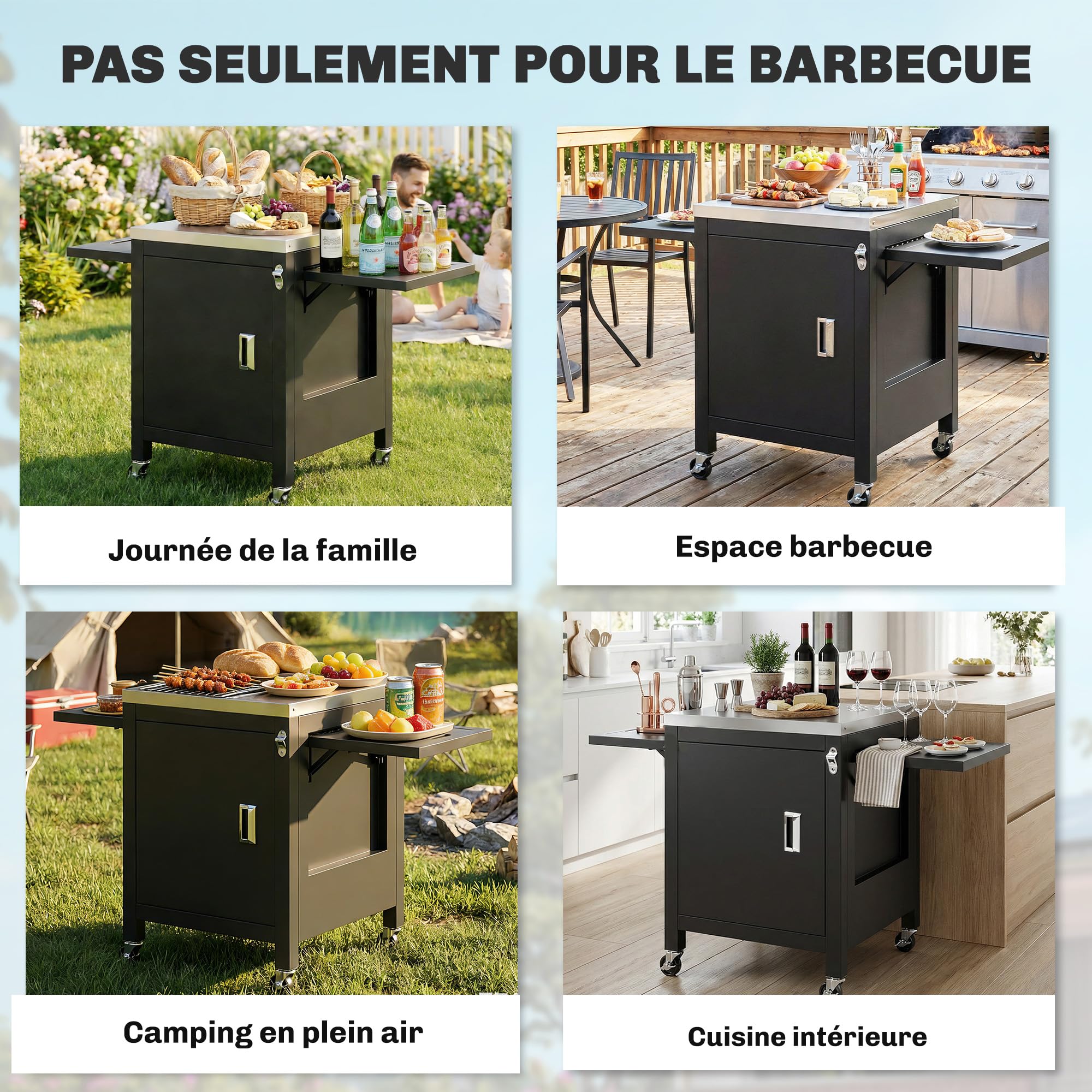 Outsunny Desserte jardin chariot de barbecue sur roulettes îlot de cuisine plateau en acier inoxydable placard Porte-Serviettes, Ouvre-Bouteille 140,5 x 68 x 89 cm Noir