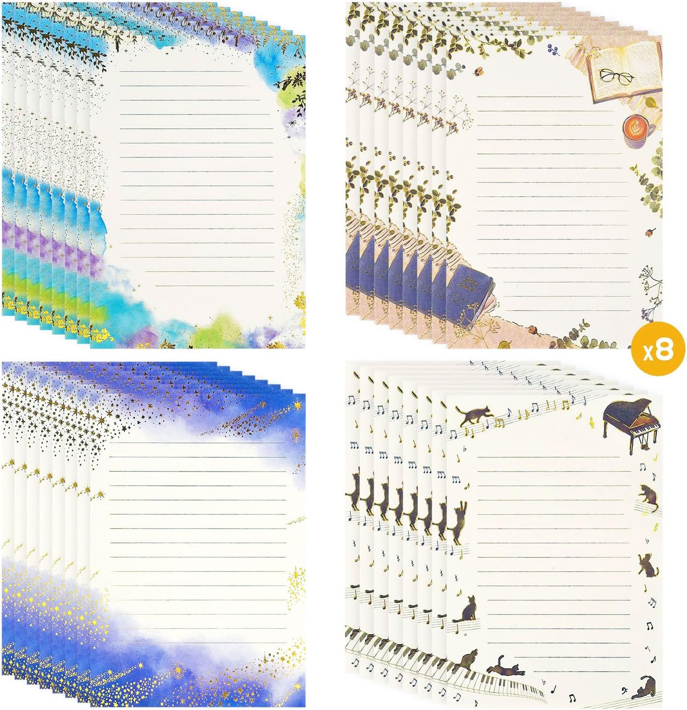 Briefpapier-Set mit 64 Blatt – A5, niedlich, farbige Goldfolie, Stempel, ausgefallenes liniertes Schreibpapier, zum Schreiben von Briefen, Sammelalben, Gedichten, Basteln, Hochzeitseinladungen,
