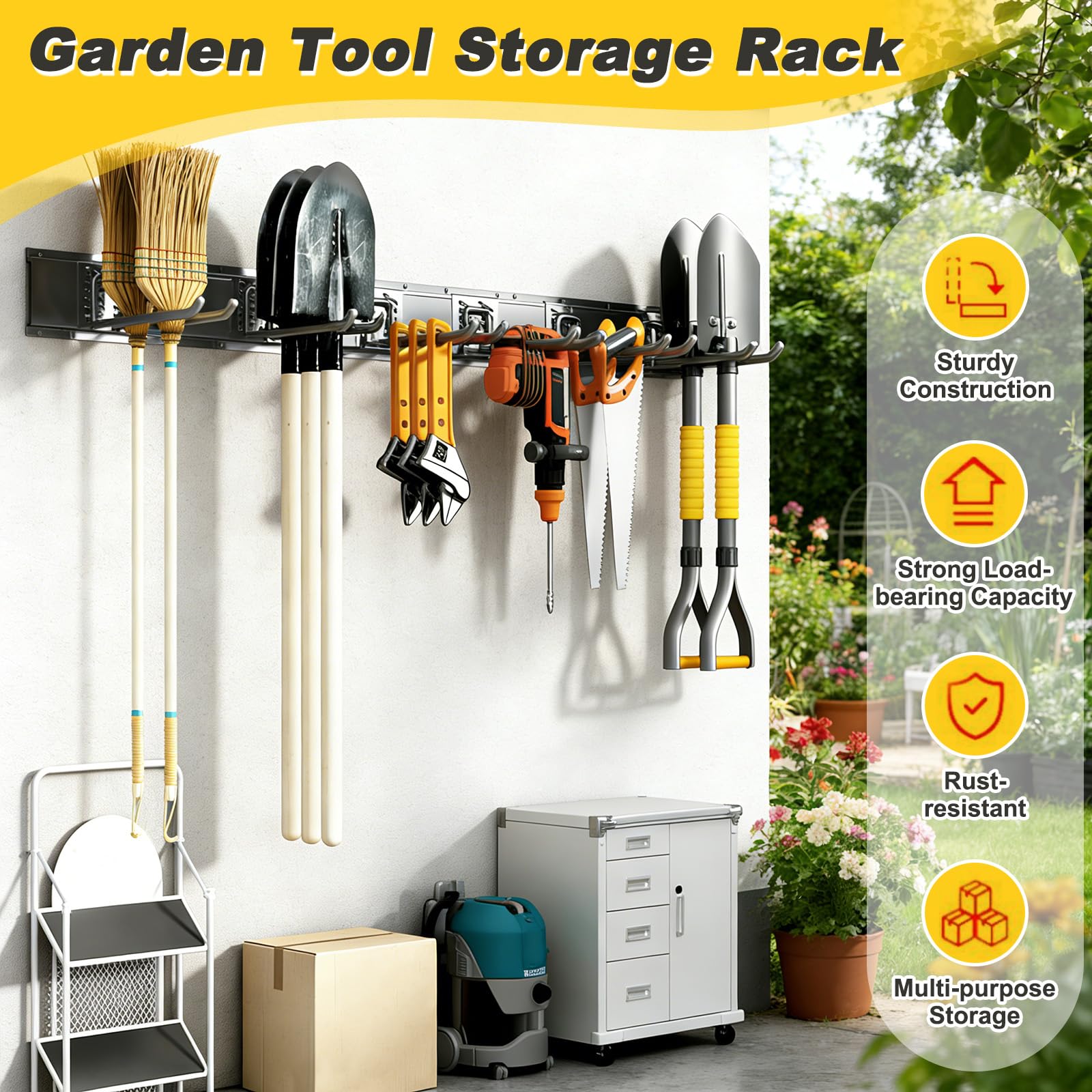 48 Zoll Wandhalterung Gerätehalter mit 6 Verstellbar Haken, Metall-Wandregal Gartengerätehalter, Garten Wand Werkzeughalter, Garagen Werkzeug Organizer für Skiausrüstung, Stühle, Besen, Rechen, Mopps