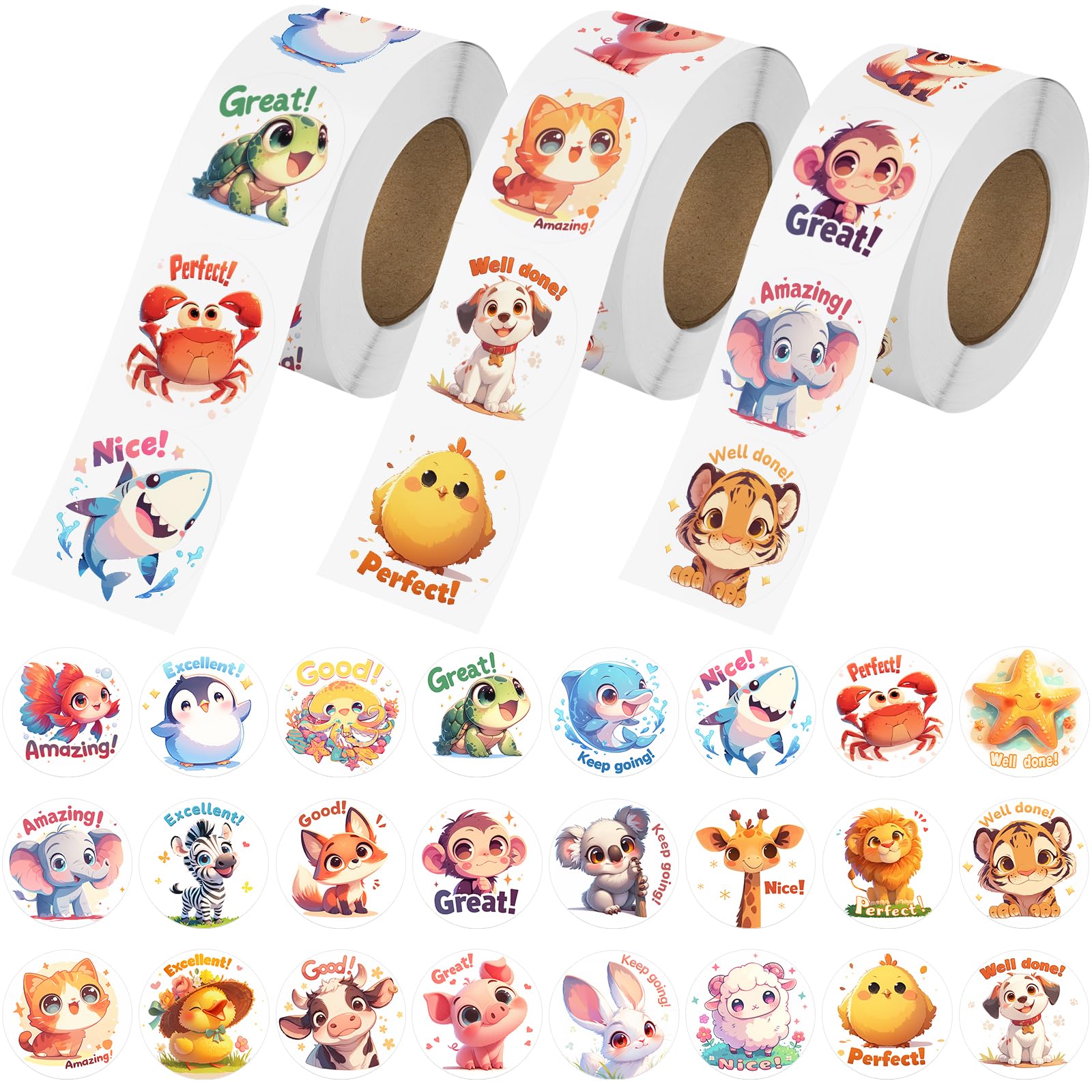 JIXZEN 1.5 Inch Animal Stickers for Kids, 3 Rolls 1500 PCS Cute Stickers for Toddlers 2-4 Years, 24 Designs Farm/Ocean/Wild Motivational Sticker for