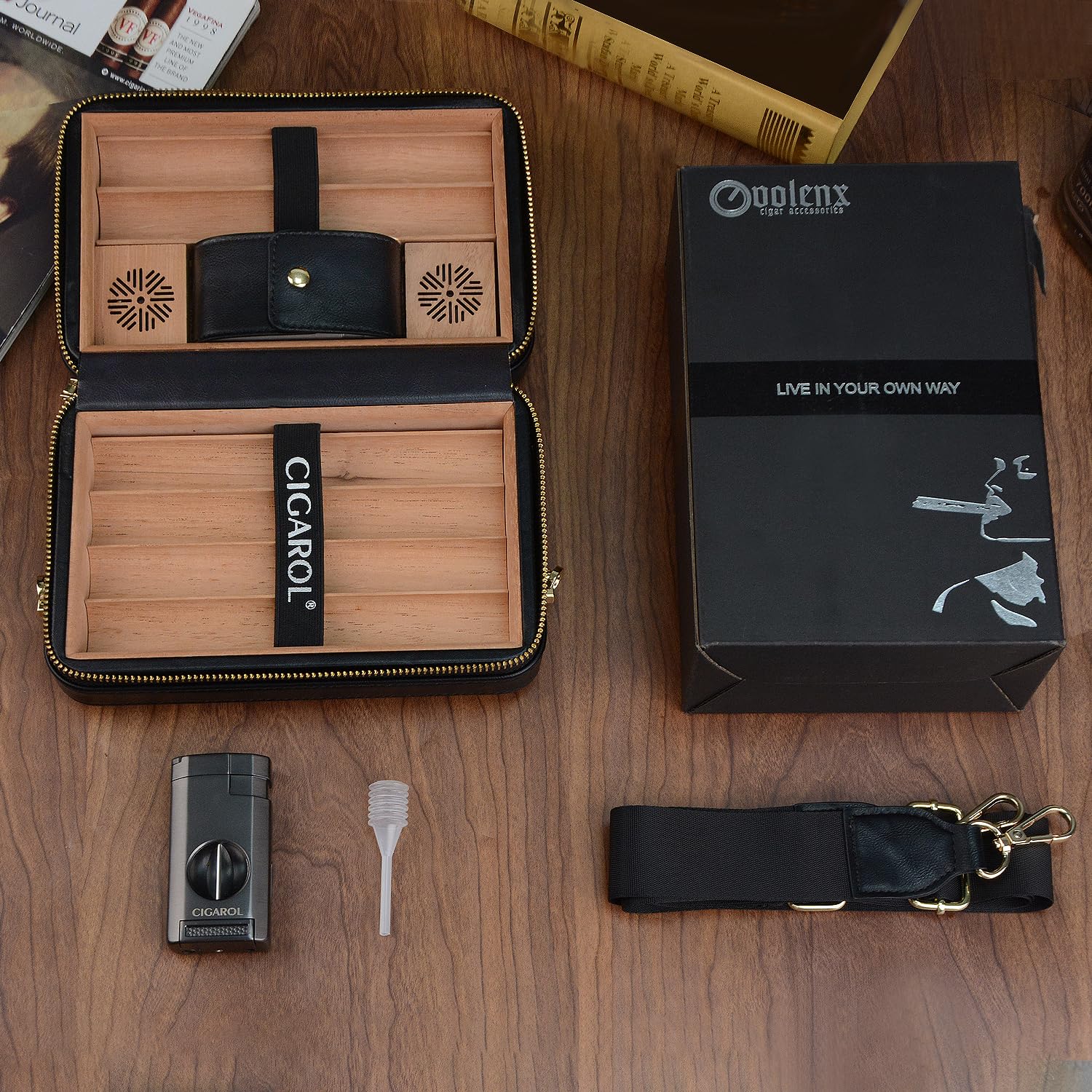 Boîte a Cigare, Étui a Cigare en Cuir avec Briquet, Cave a Cigare de Voyage avec Humidificateur pour 6 Cigares, Superbe Cadeau pour Hommes (Cigare Non Inclus)
