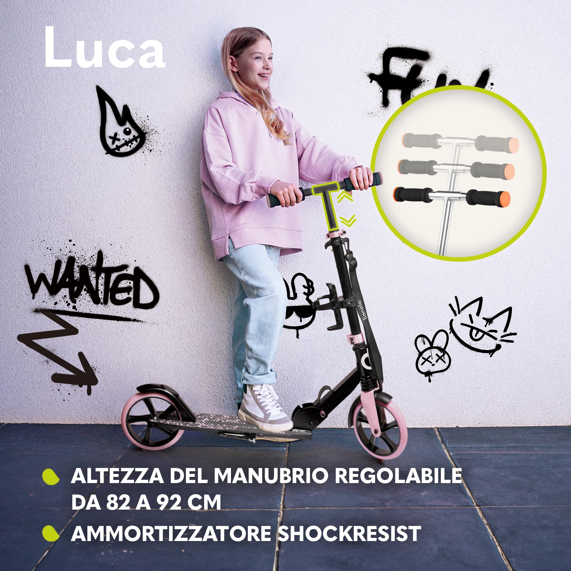 LIONELO LUCA Monopattino pieghevole per Bambini e adulti fino a 100kg, Regiolable e leggero solo 4kg, Costruzione solida, Ruote 20cm, Ammortizzatori ShockResist, Freno posteriore, Antiscivolo