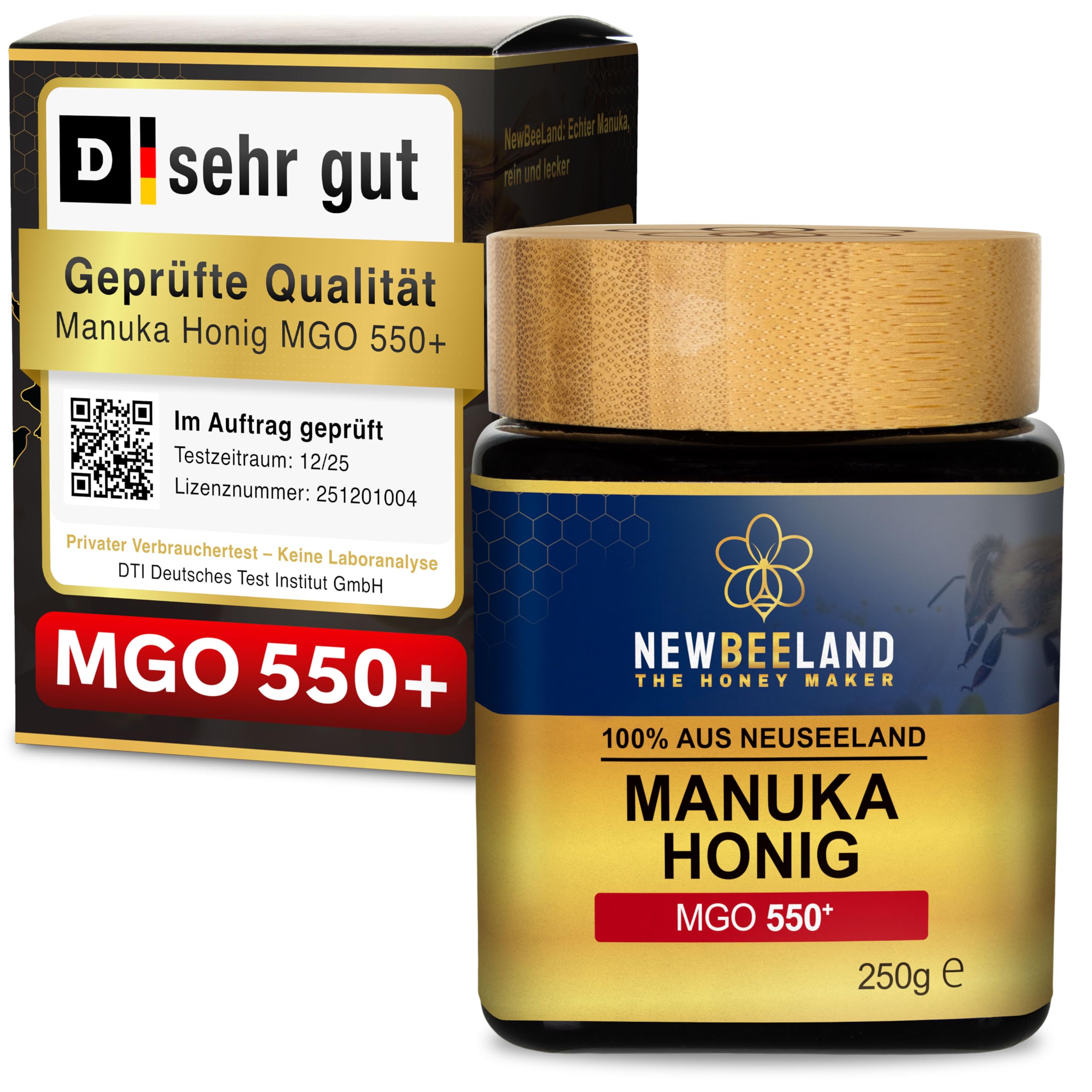 NEWBEELAND Manuka Honig MGO 550+ Direktimport aus Neuseeland 250 Gramm | chargengeprüfter Methylglyoxal-Gehalt (MGO), Cremig-zähflüssige Textur, herber & kräftiger Geschmack, lichtgeschütztes Glas
