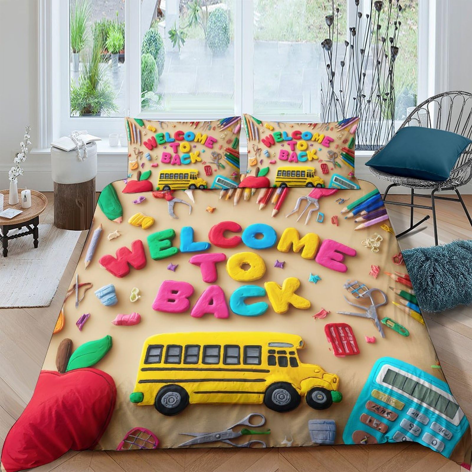 Ctjqhvkz Style-8 3D Printed Welcome Back School Bus Fitted Sheet Microfiber Colorful Letters Bed Cover For Bedroom Dorm Decor Single（135X200cm）