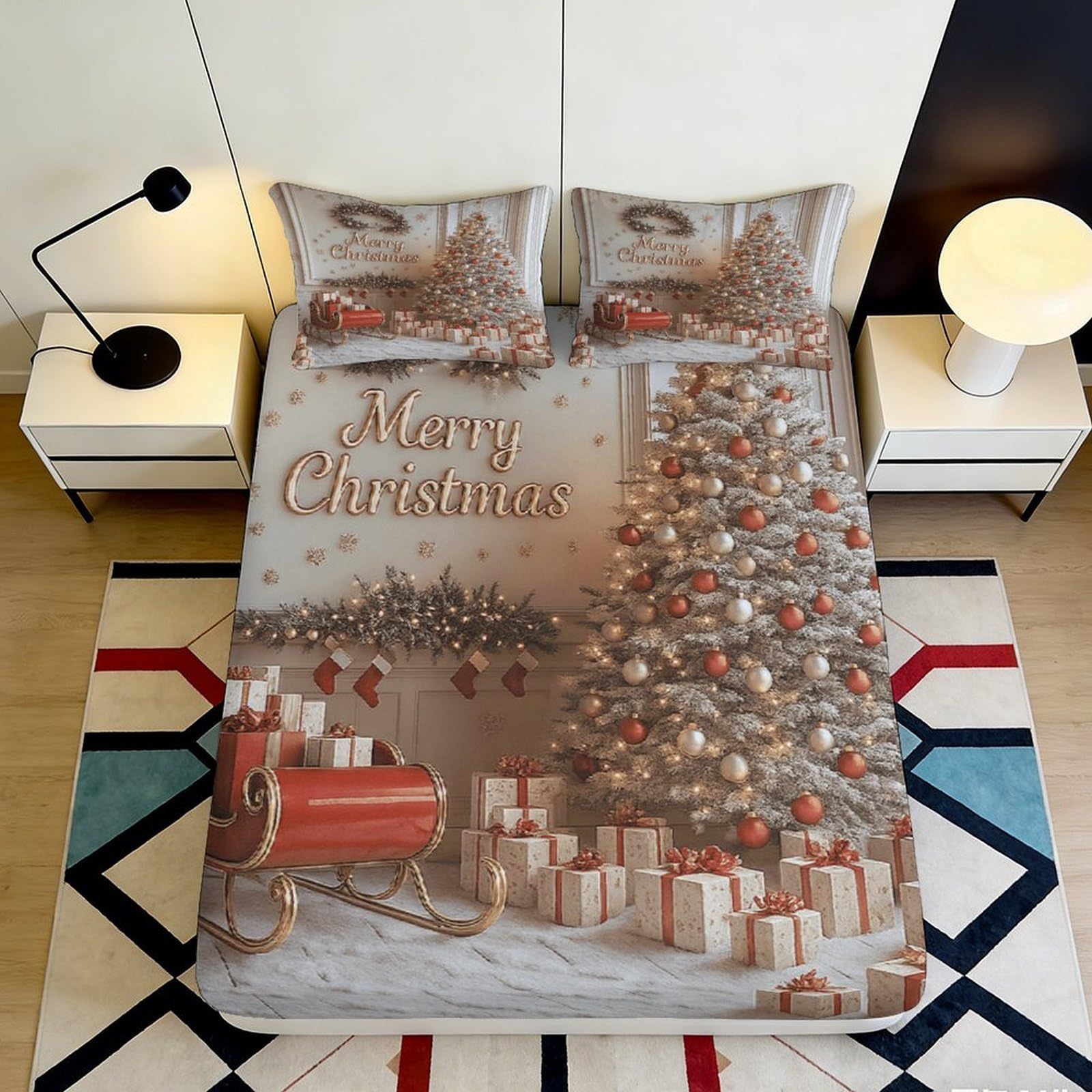3D Printed Christmas Tree Fitted Sheet Microfiber Soft Decorative Reindeer Sleigh Bed Cover for Bedroom Guest Room 90x200x25cm