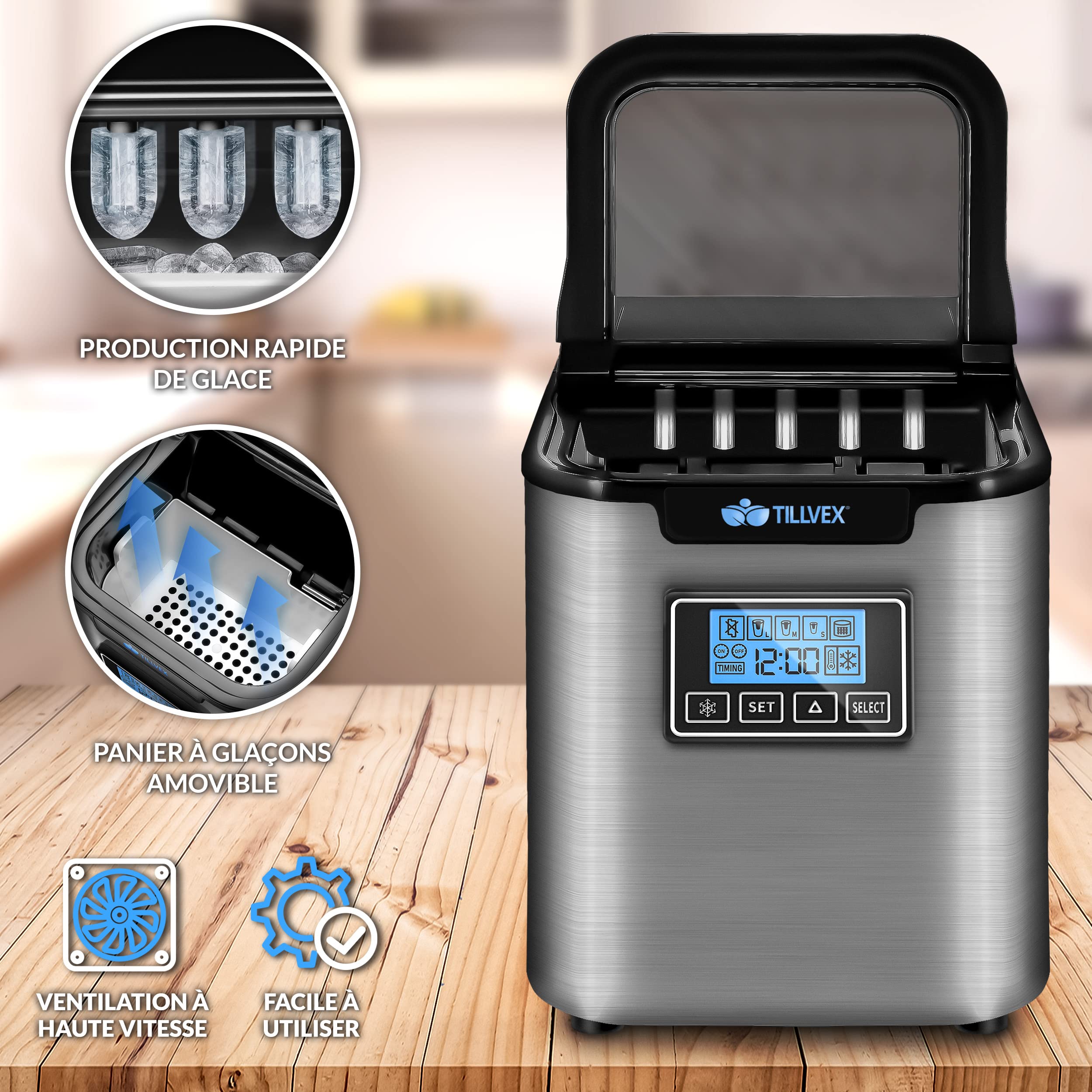 tillvex Machine à glaçons en inox 12 kg - 24 h | Préparation de glaçons avec minuterie et réservoir 2,2 litres | Ice Maker avec écran LED et nettoyage automatique | 3 tailles de glaçons (Argent)