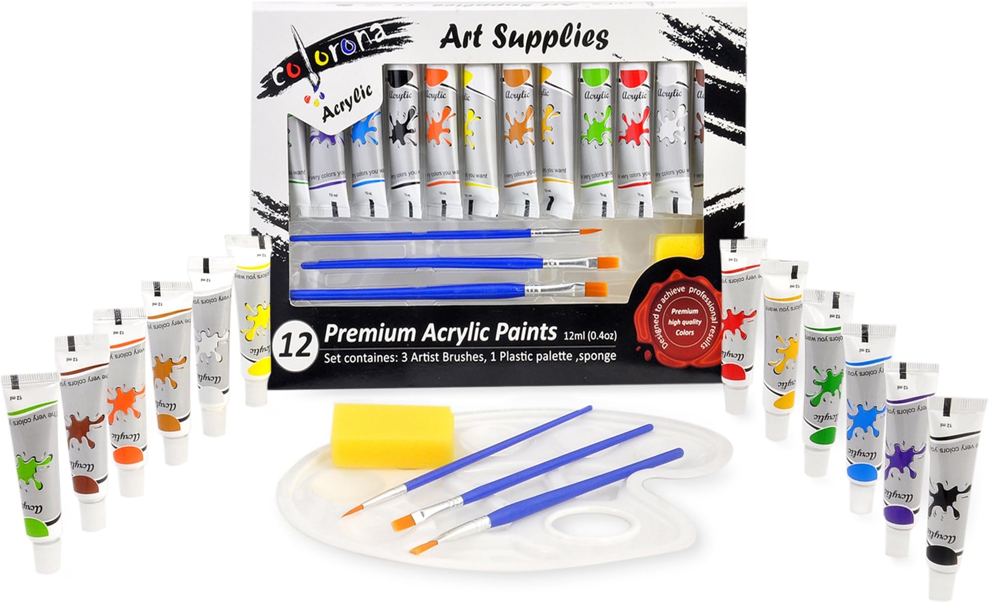 Colorona Acrylic Paint Set 12 Colors with Palette, 3 Paint Brushes & Sponge. Perfect for Kids At Home Activities, School Painting Supplies. Non Toxic Colors With Rich Pigments for ULTIMATE PERFORMANCE