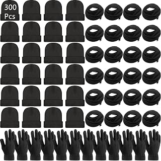 300 Pcs Winter Beanies Gloves Scarf Set Bulk Include 100 Knit Skull Cap, 100 Pairs Winter Gloves Pack, 100 Neck Warmer Set for Men Women Homeless Warm Gift, Black