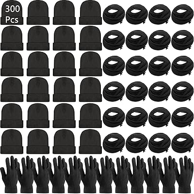 300 Pcs Winter Beanies Gloves Scarf Set Bulk Include 100 Knit Skull Cap, 100 Pairs Winter Gloves Pack, 100 Neck Warmer Set for Men Women Homeless Warm Gift, Black