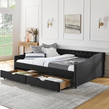 Wood Queen Size Daybed, Day Bed Frame with 2 Storage Drawers, Upholstered Bed Frame Queen Sofa Bed with Button and Nailhead Design for Bedroom Guest Room, No Box Spring Needed, Black