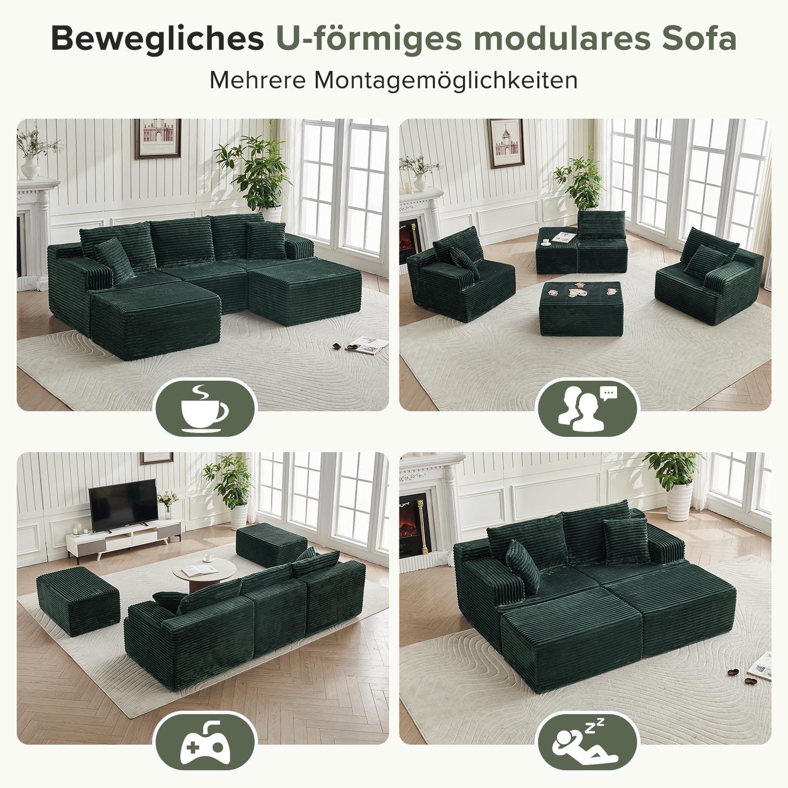 Modulares U-Form Sofa 262cm - Cloud Couch ohne Montage - Boneless Schlafsofa mit High Resilience Schaumstoff - Modernes Ecksofa für Wohnzimmer und Gästezimmer, Grün