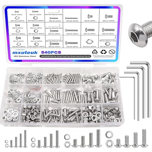 mxuteuk Kit surtido de tornillos métricos M3 M4 M5 M6, 540 piezas de 0.315 in-0.787 in 304 de acero inoxidable 304, cabeza hexagonal, tornillos,