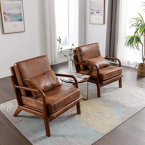 Miniatura 9 de Silla decorativa de color marrón moderno de mediados de siglo para sala de estar, cómoda silla con brazo de madera maciza con almohada de madera,