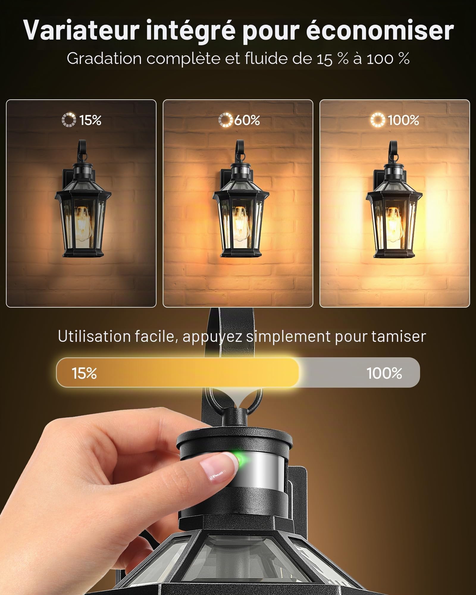 VIANIS Lampe Exterieur Detecteur de Mouvement, Eclairage Exterieur avec Sensibilité Réglable, Applique Murale Noir en Aluminium, Luminaire Extérieur à Verre Biseauté, éclairage Mural D'extérieur E27