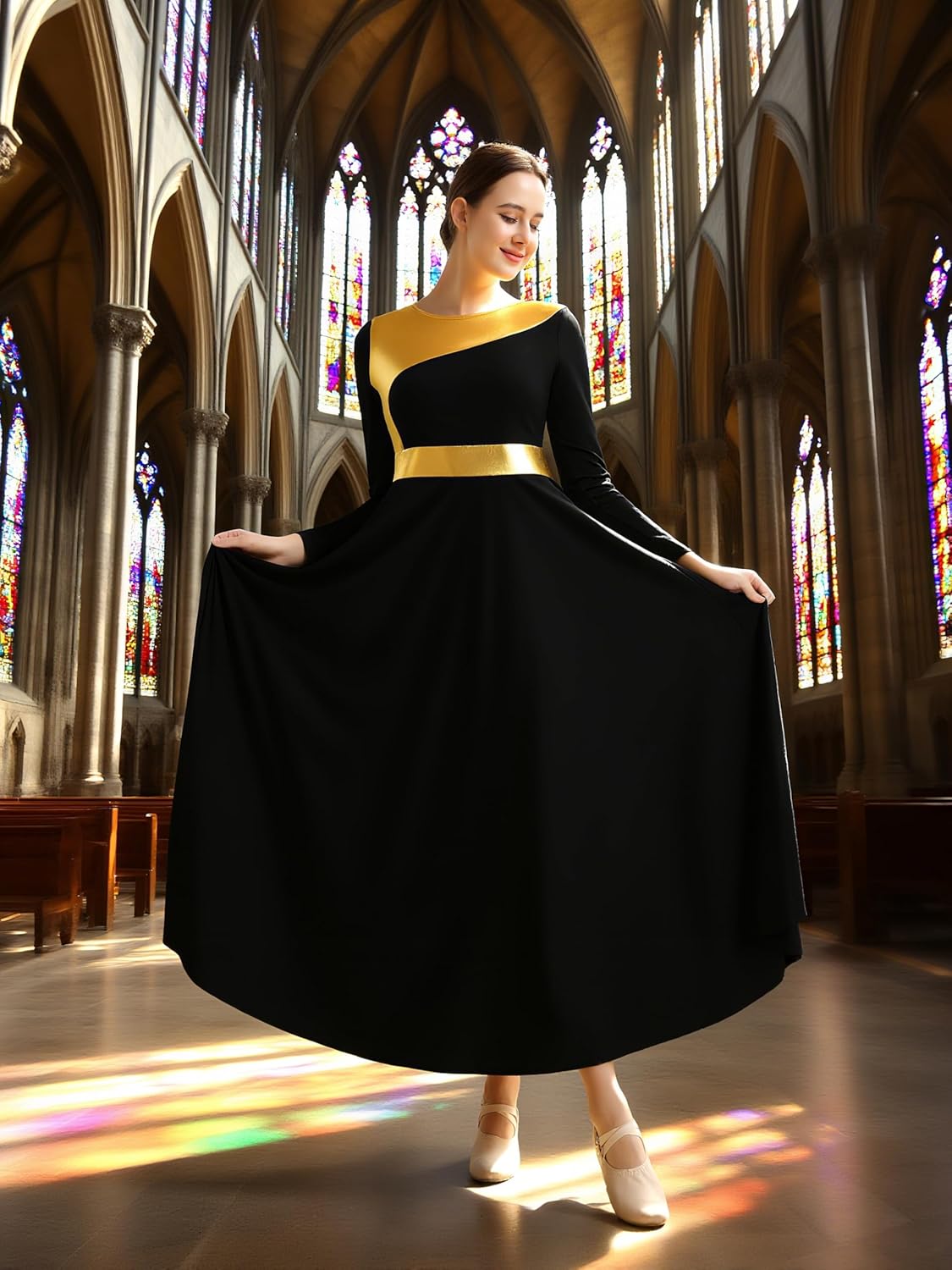 Praise Dance Dresses for Women Liturgical Dance Dress Fit Full Length Metallic Dancewear,Upper Lining