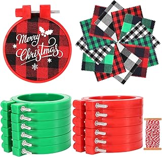 Caydo 25 Pieces Christmas Ornament Kit Include 12 Pieces 2.36 inch Christmas Embroidery Hoop, 12 Pieces Plaid Fabric, 10 m...