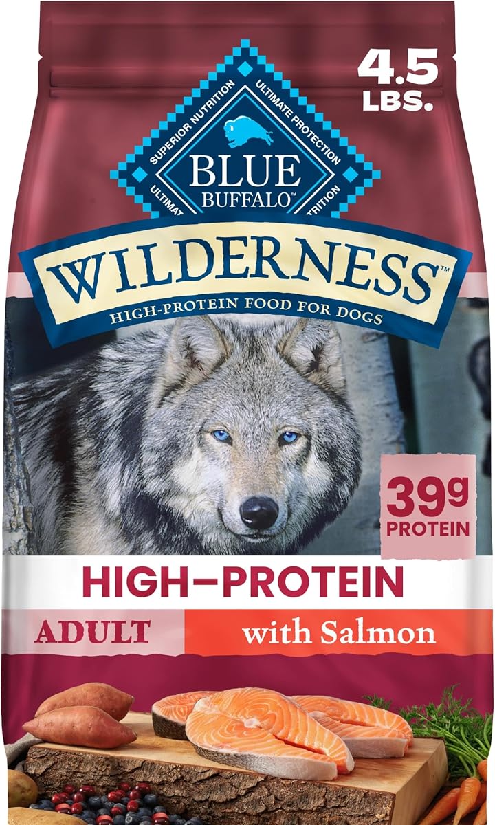 Alimento seco para perros adultos con salmón y granos saludables Wilderness 4.5 lb | 39 g de proteína, ingrediente número 1 de salmón real, frutas y verduras ricas en antioxidantes, alto contenido de proteínas para impulsar las aventuras