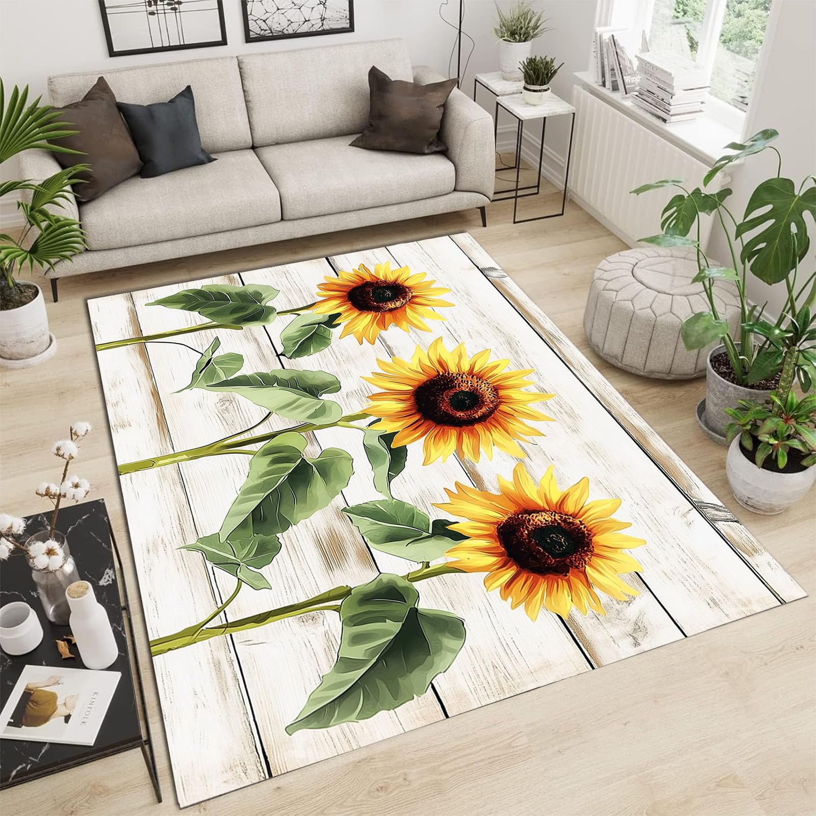 Tapis de salon tournesols aquarelle 90x150cm jaune pour chambre et cuisine