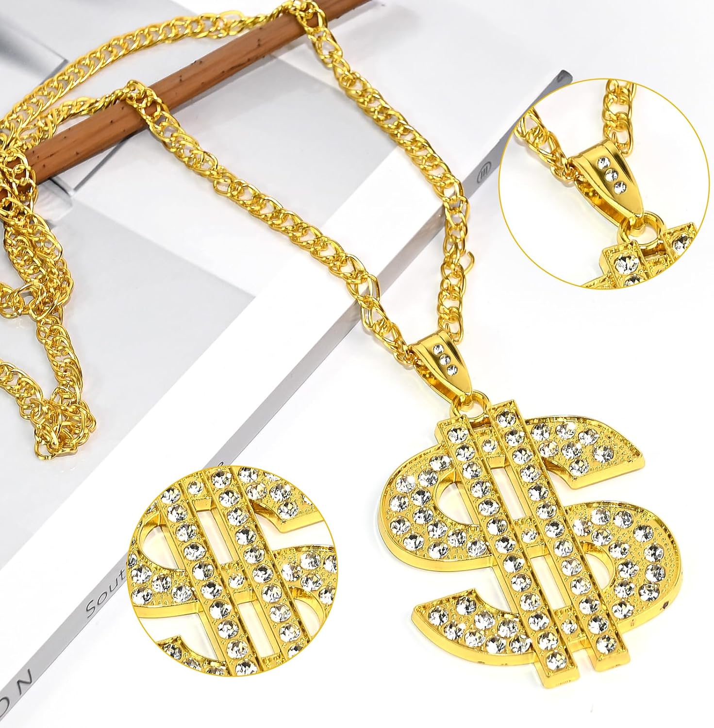 2 Pcs Dollar Sign Necklaces，Gold Plated Hip Hop Chain Necklace Pendant for Men,Halloween，Trendy Style (Hip hop necklace)