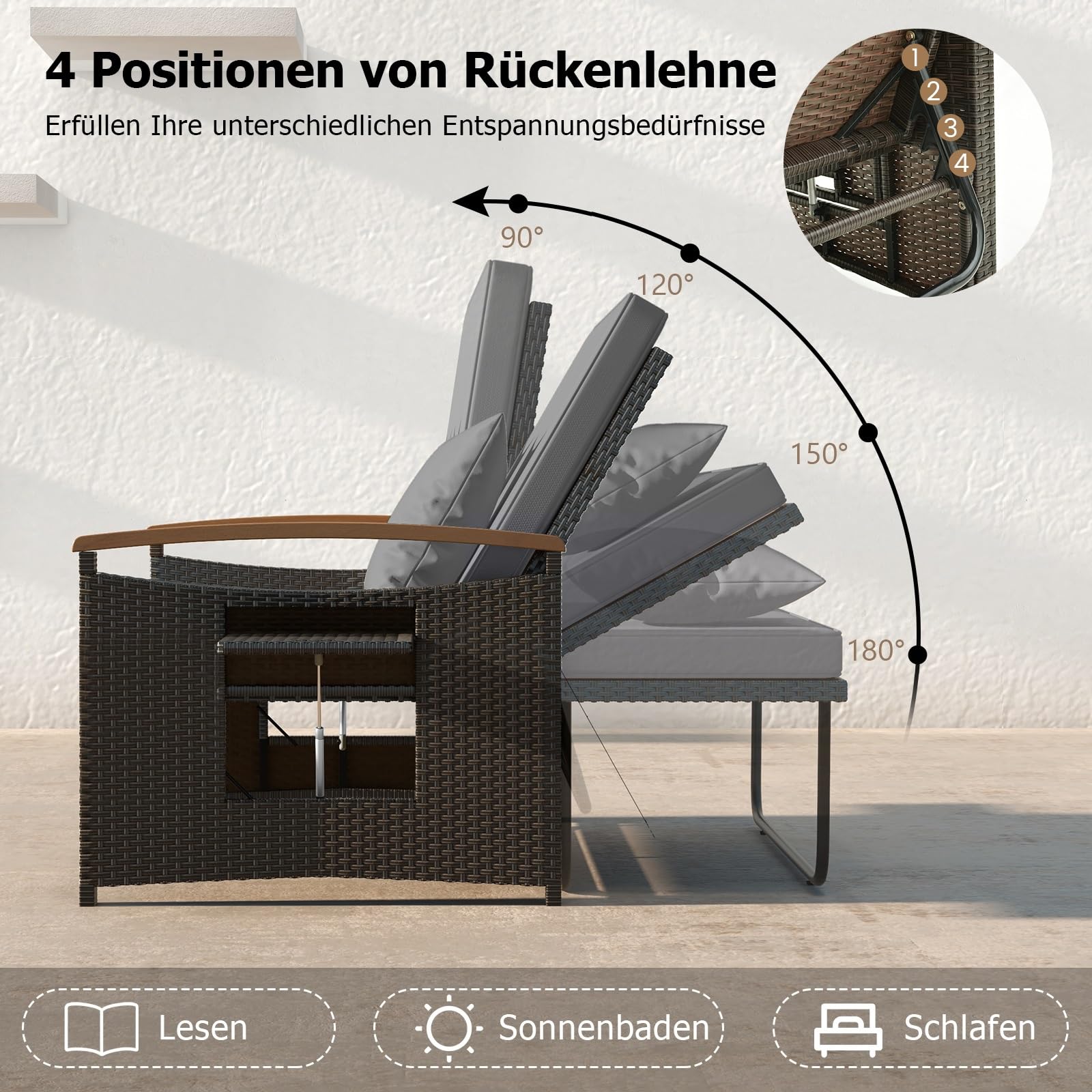 GIANTEX Lounge Möbel Outdoor, Gartensofa mit Liegefunktion, Outdoor Sofa | 3-in-1 Design, Stauraum, weichen kissen, Doppelliege Outdoor 2 Personen, Rattan Gartenliege, Gartenlounge, für Garten Balkon
