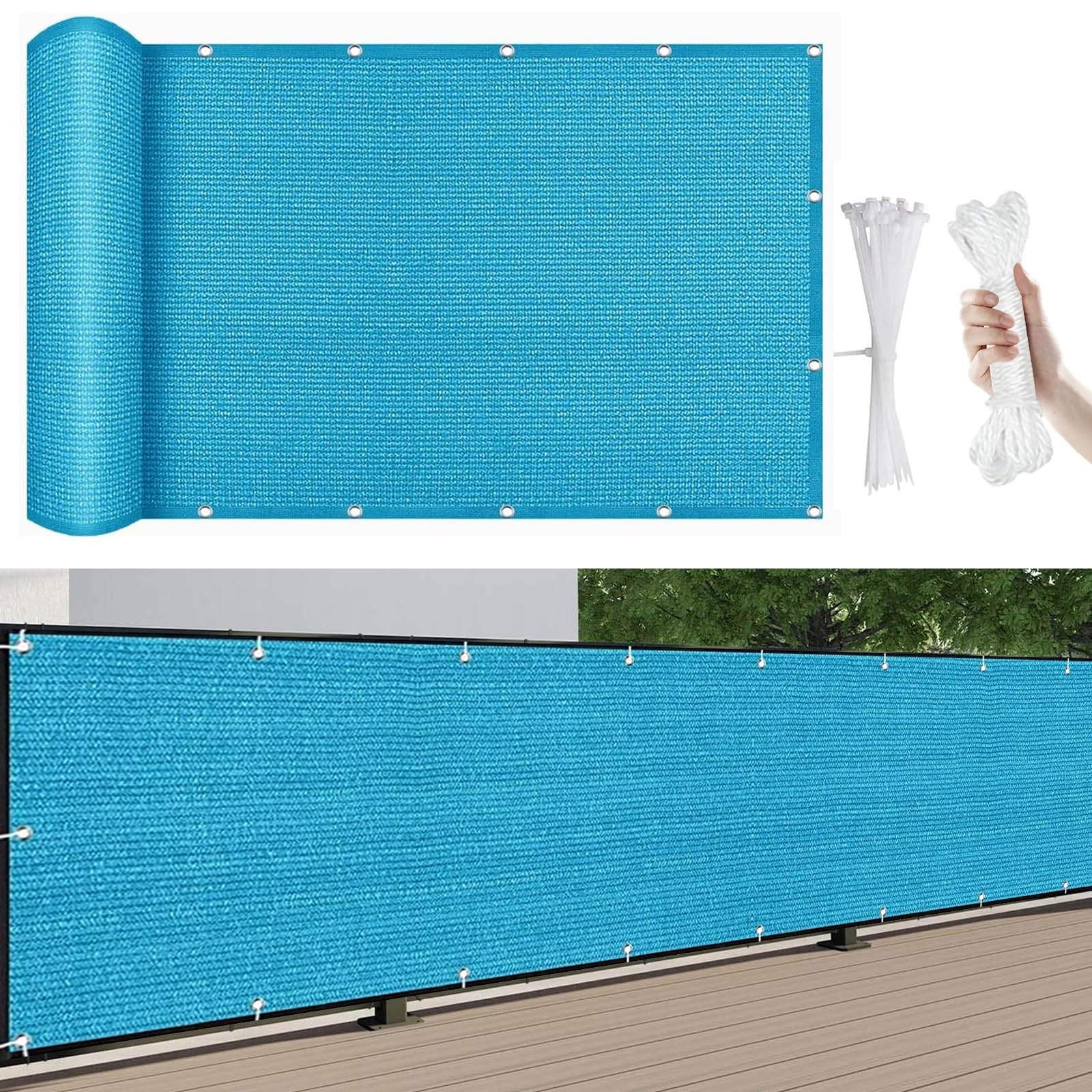 Balcony Privacy Screen Balcony Cover 900 x 200 cm HDPE UV Protection Very Durable, Garden Screening HDPE Shading Net, for Deck Railing Pools, Sky Blue