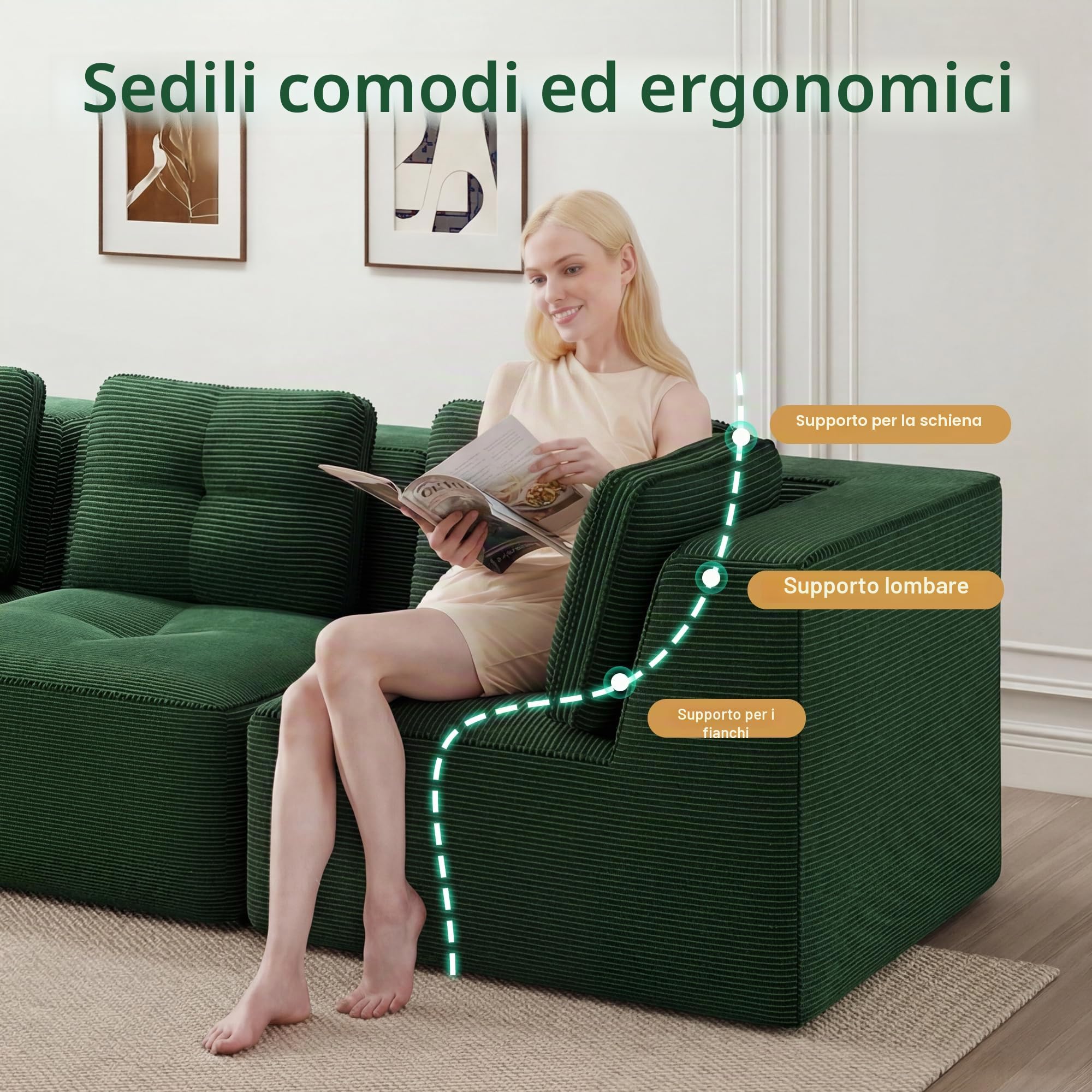 Bladez Divano angolare modulare a forma di L - Divano moderno a 3 posti in velluto a coste con poggiapiedi, sedile basso, senza montaggio, divano compresso, per soggiorno (verde, 3C)