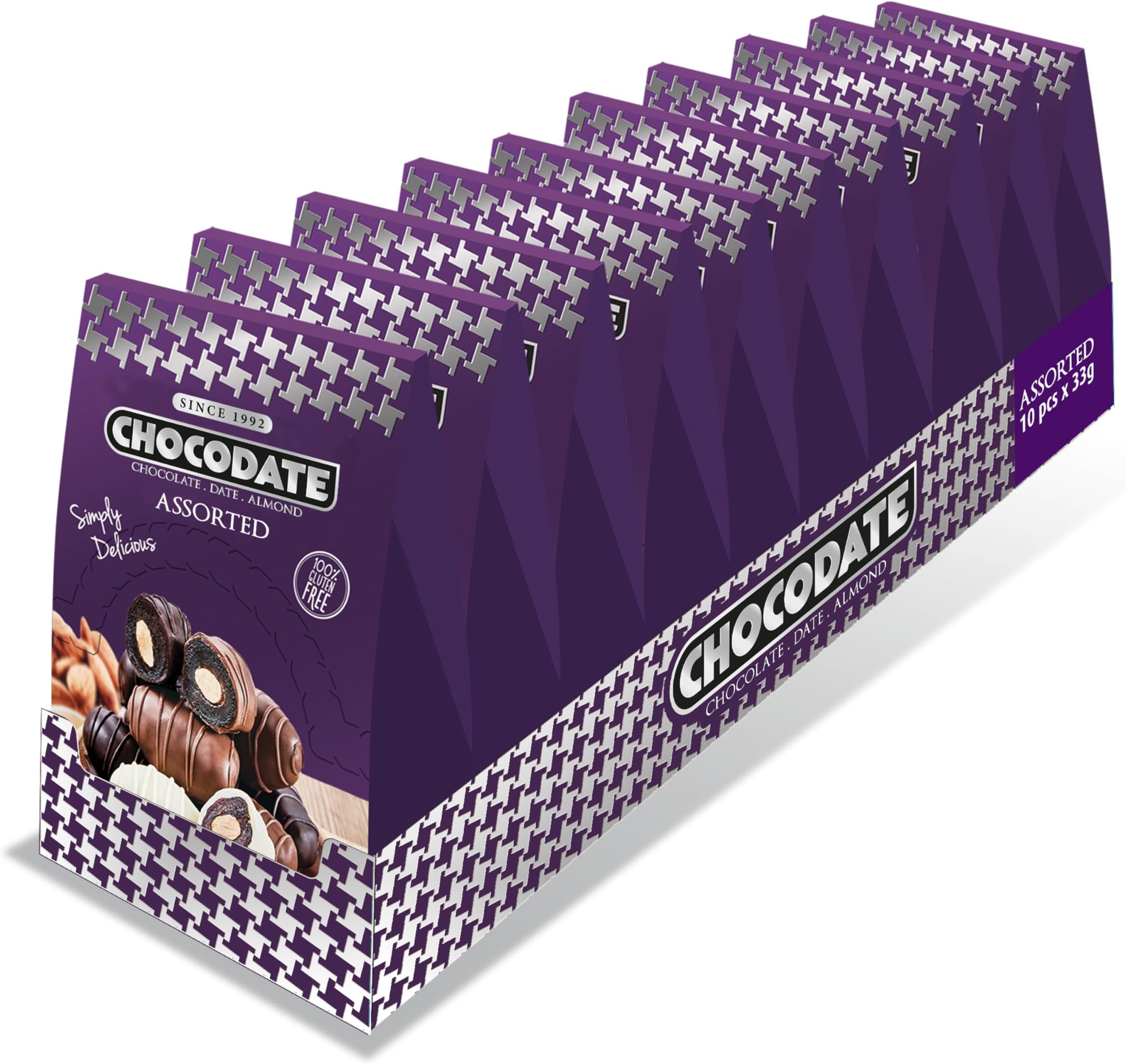 Chocodate Assorted Chocolate Coated Dates with Roasted Almonds, Bite Size Snack, Gluten-Free - 33g x 10