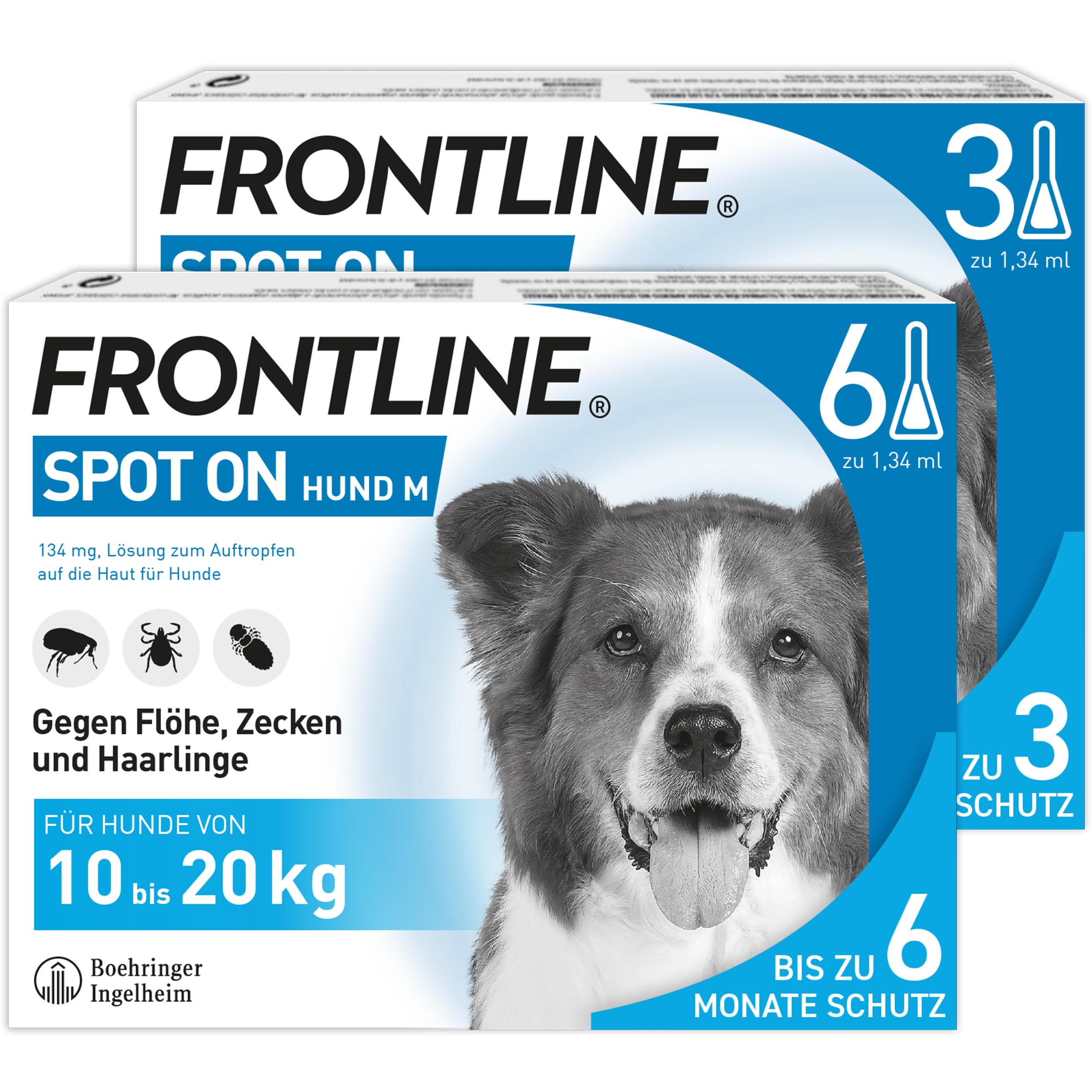 FRONTLINE Spot ON Hund M gegen Zecken, Flöhe & Haarlinge (10 bis 20 kg) | 6+3 Pipetten (2er Pack) für bis zu 9 Monate Schutz - einfache Anwendung, gute Verträglichkeit - wasserfest