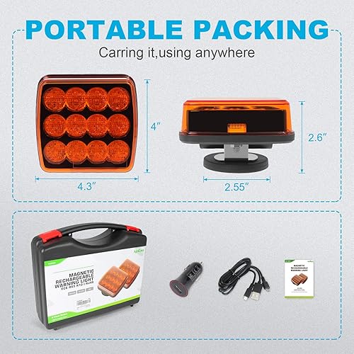 Miniatura 7 de Agrieyes 2 luces intermitentes recargables para vehículos, luces estroboscópicas supermagnéticas, inalámbricas portátiles ámbar, luz de emergencia
