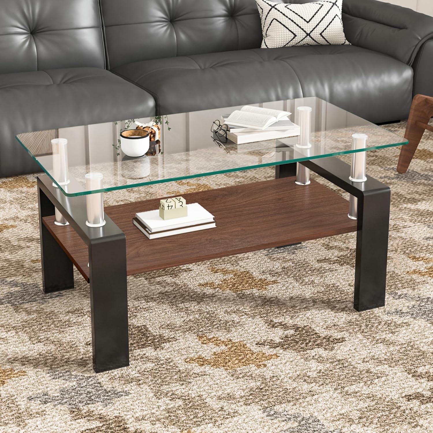 ガラス天板付き ブラウンローテーブル