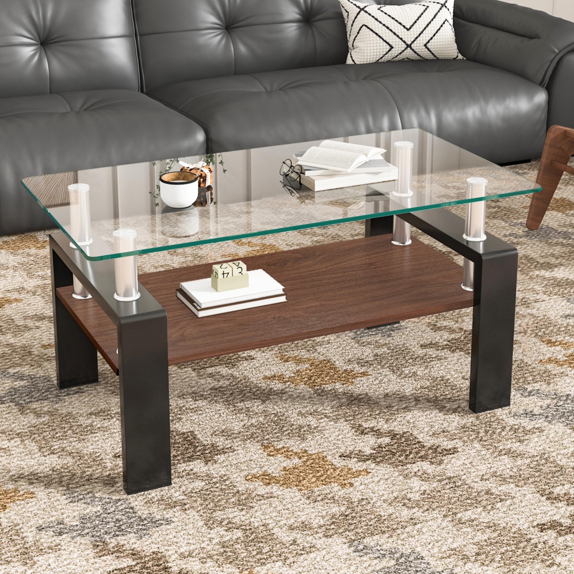 モダン長方形コーヒーテーブル 強化ガラス天板 リビング用クリアガラス ブラック脚 Amazon.co.jp: ローテーブル モダン長方形コーヒーテーブル 強化ガラス
