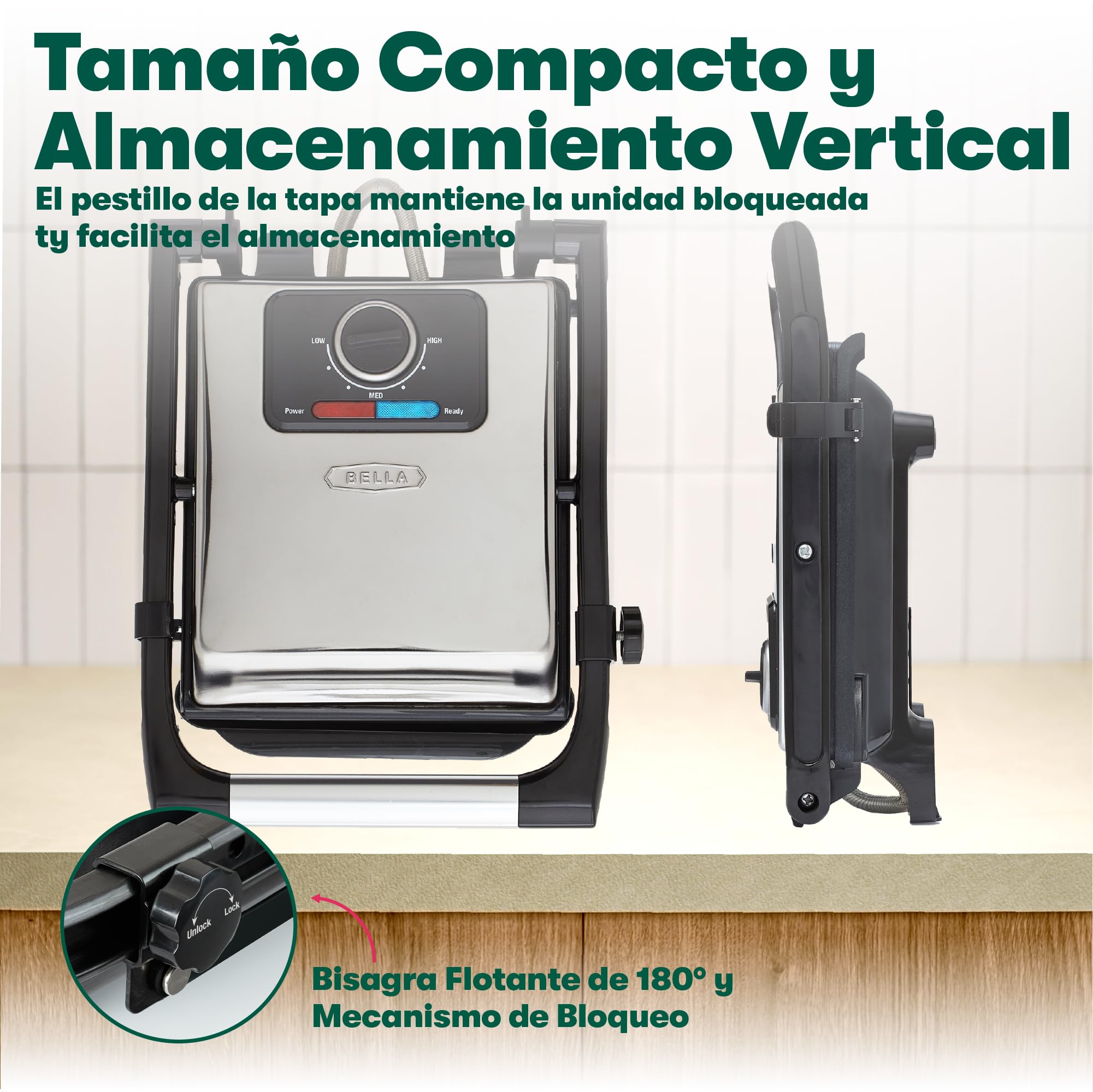 bella Sandwichera, Prensa para Paninis y Grill Eléctrico con Placas Dobles Antiadherentes, Tapa Regulable en Altura y Bandeja Recogegotas Extraíble, Acero Inoxidable, 1400 Vatios
