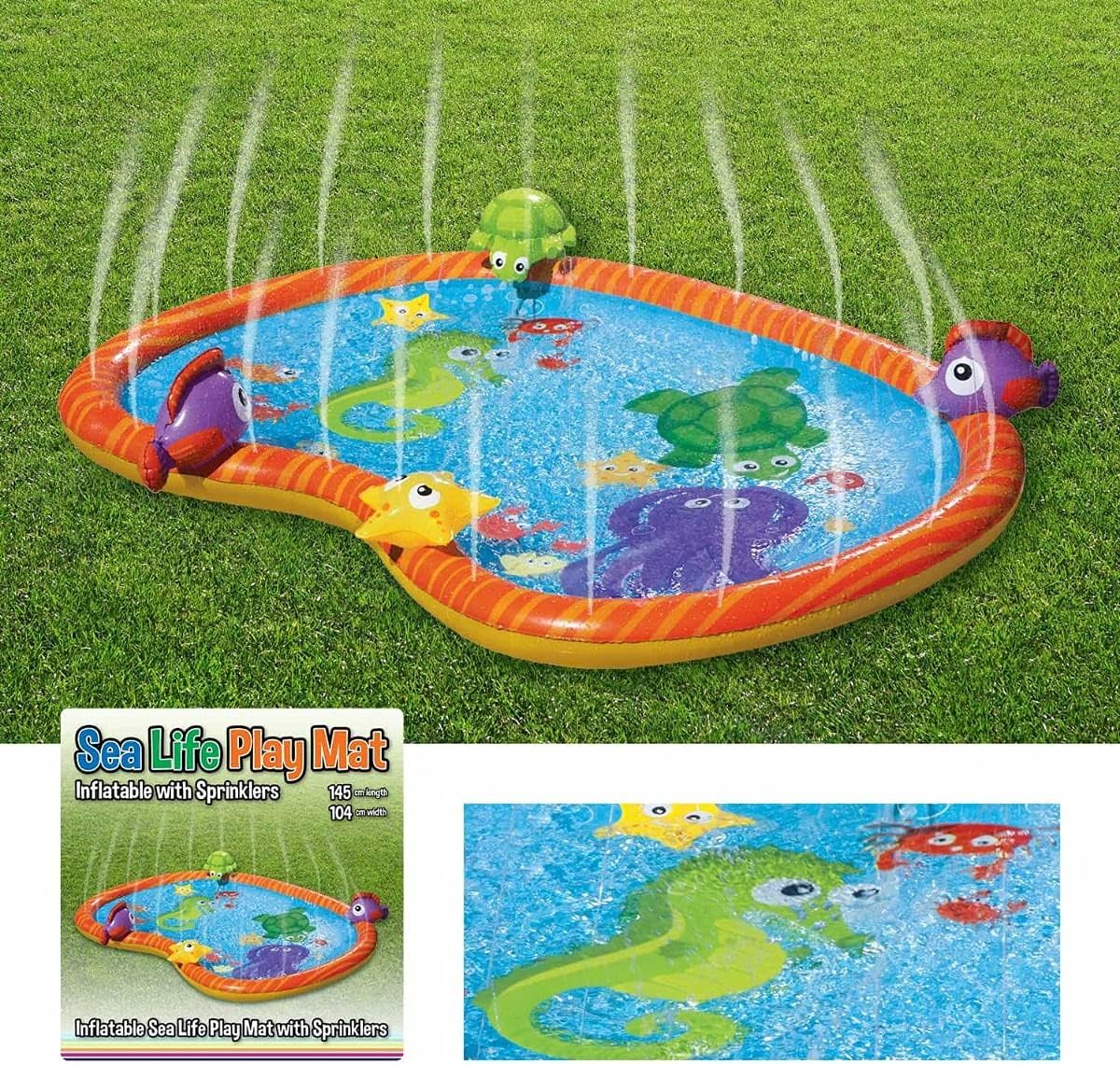 Sprinkler Pad Water Play Mat Durable Portable Inflatable Sprinkler Pad Sprinkle and Splash Wading Pool Summer Essential Spray Toys for Kids Outdoor Garden Family Activities Sea Life PVC Mat Paddling - Image 3