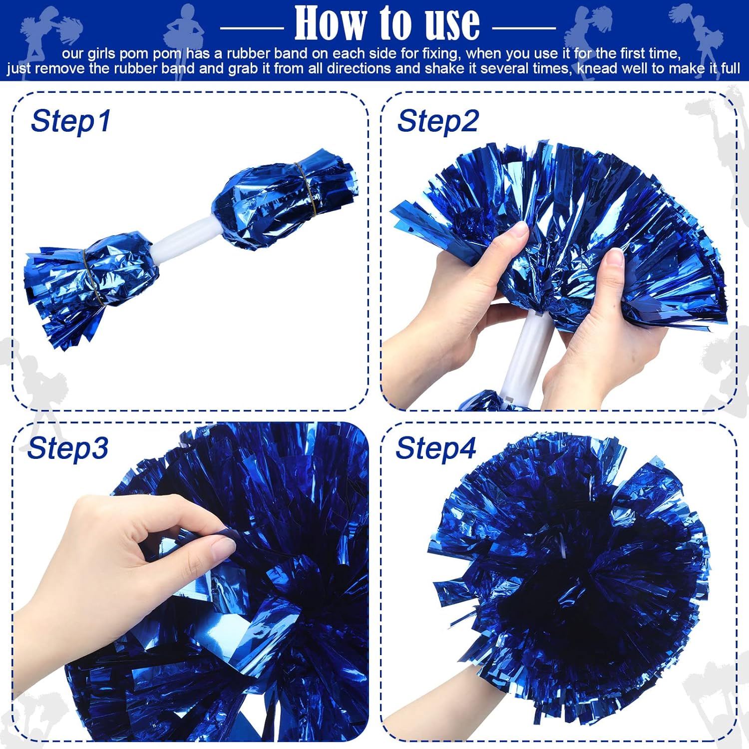 WILLBOND 36pcs Cheerleading Pom Poms Bulk Metallic Foil Cheerleader Pompoms with Baton Handle for Football Basketball Cheering Squad Team Game Sports Dance Party Outfit (Blue)