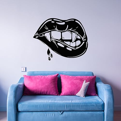 Vinilo adhesivo para pared, diseño de labios sexys, colmillos de vampiro, niña, fantasía, Halloween, decoración grande (859ig) negro mate