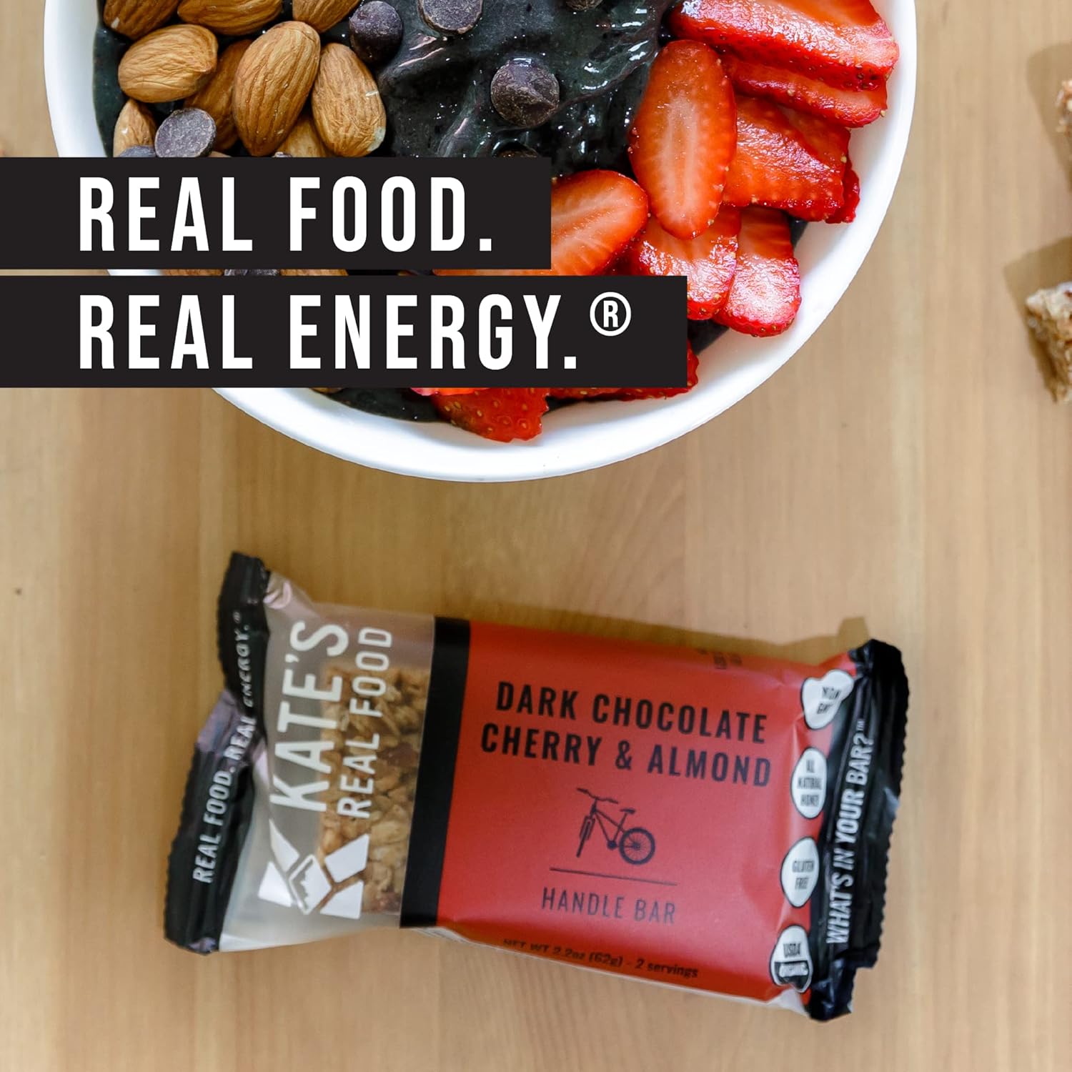 KATES REAL FOOD Organic Dark Chocolate Cherry & Almond Handle Bar 12 Count, 2.2 OZ