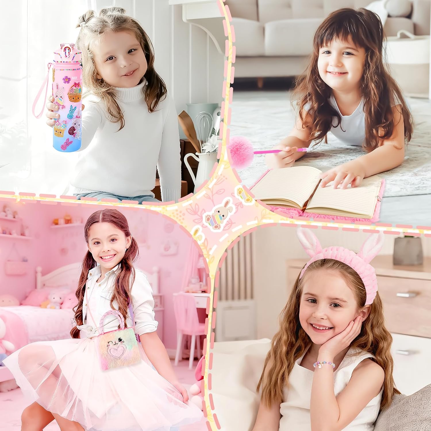 13PCS Easter Gifts Set for Girls Kids,Easter Basket for Girls,Birthday Gifts for Kids Gift Age 3 4 5 6 7 8 9 10 Basket with Stationery Plush Diary with Lock/Water Bottle/Crossbody Bag/Headband