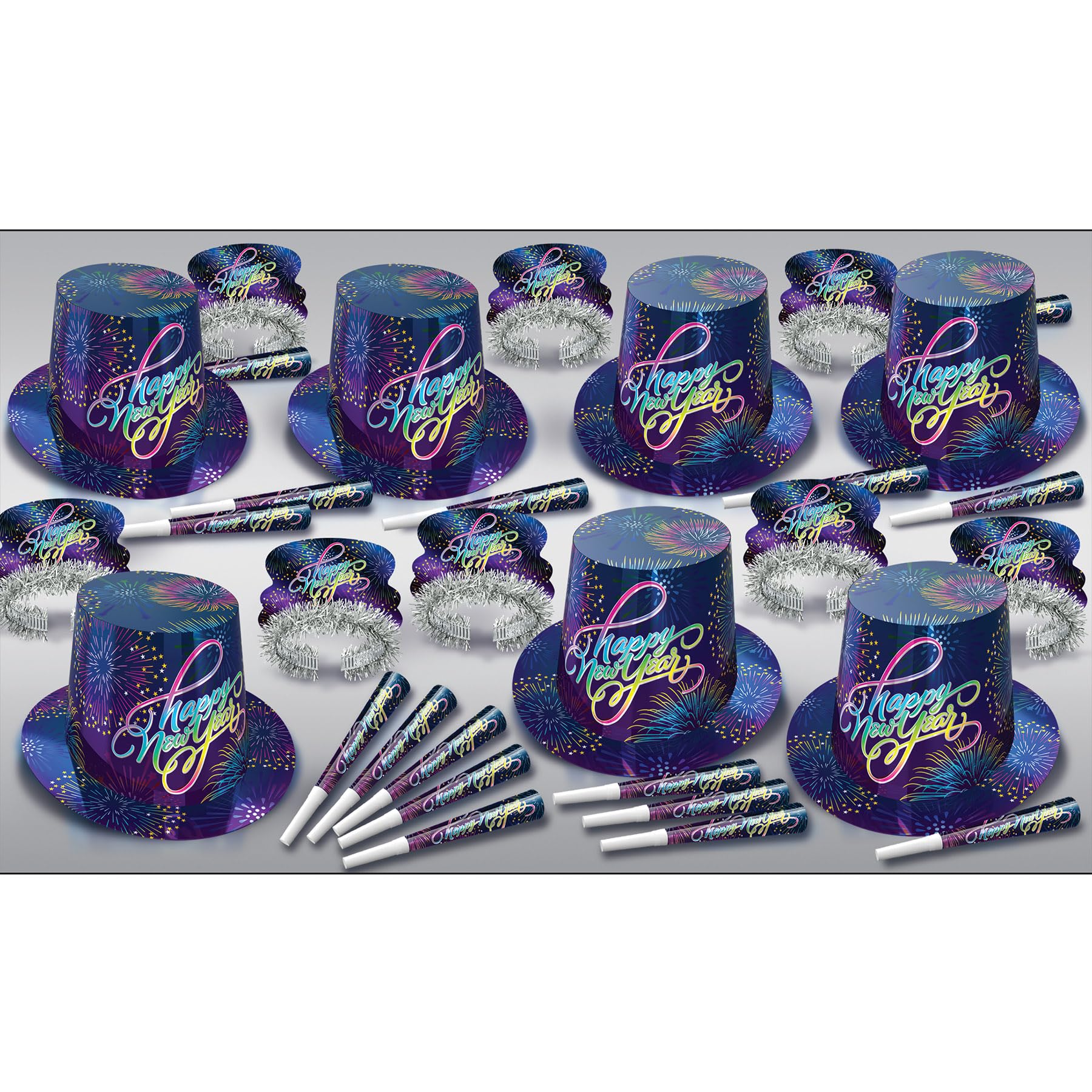 Beistle Silvester-Sortiment, Party-Set, Hi-Hats, 25 Fransen-Tiaras und 50 bedruckte 22,9 cm Hörner mit Feuerwerk-Design, NYE Supplies und Gastgeschenke, Einheitsgröße, blau/mehrfarbig