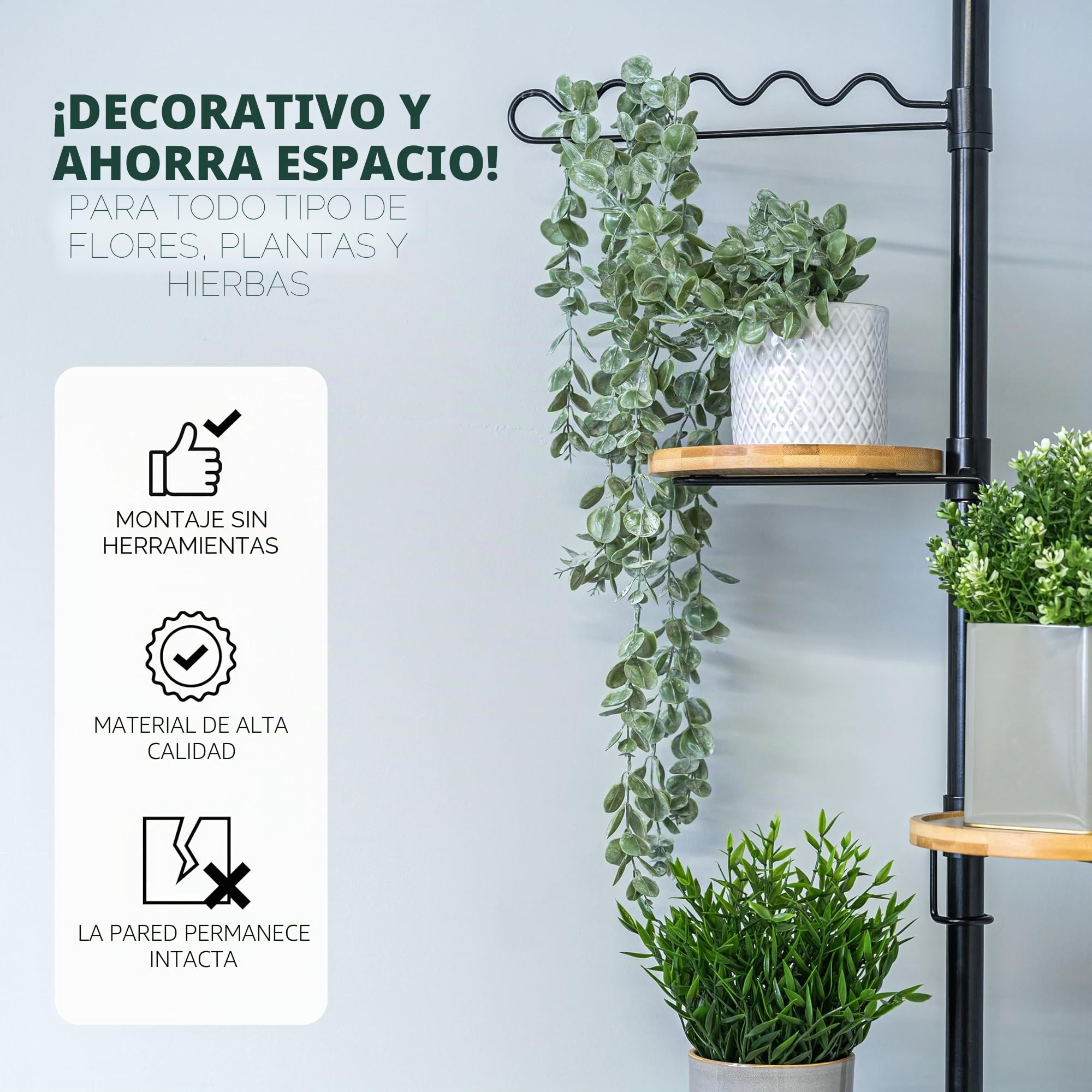 bremermann Estantería telescópica para flores 4 estantes y soporte para trepar, versátil para usar en el salón, el baño o la cocina - altura variable de 140 a 290 cm, color negro