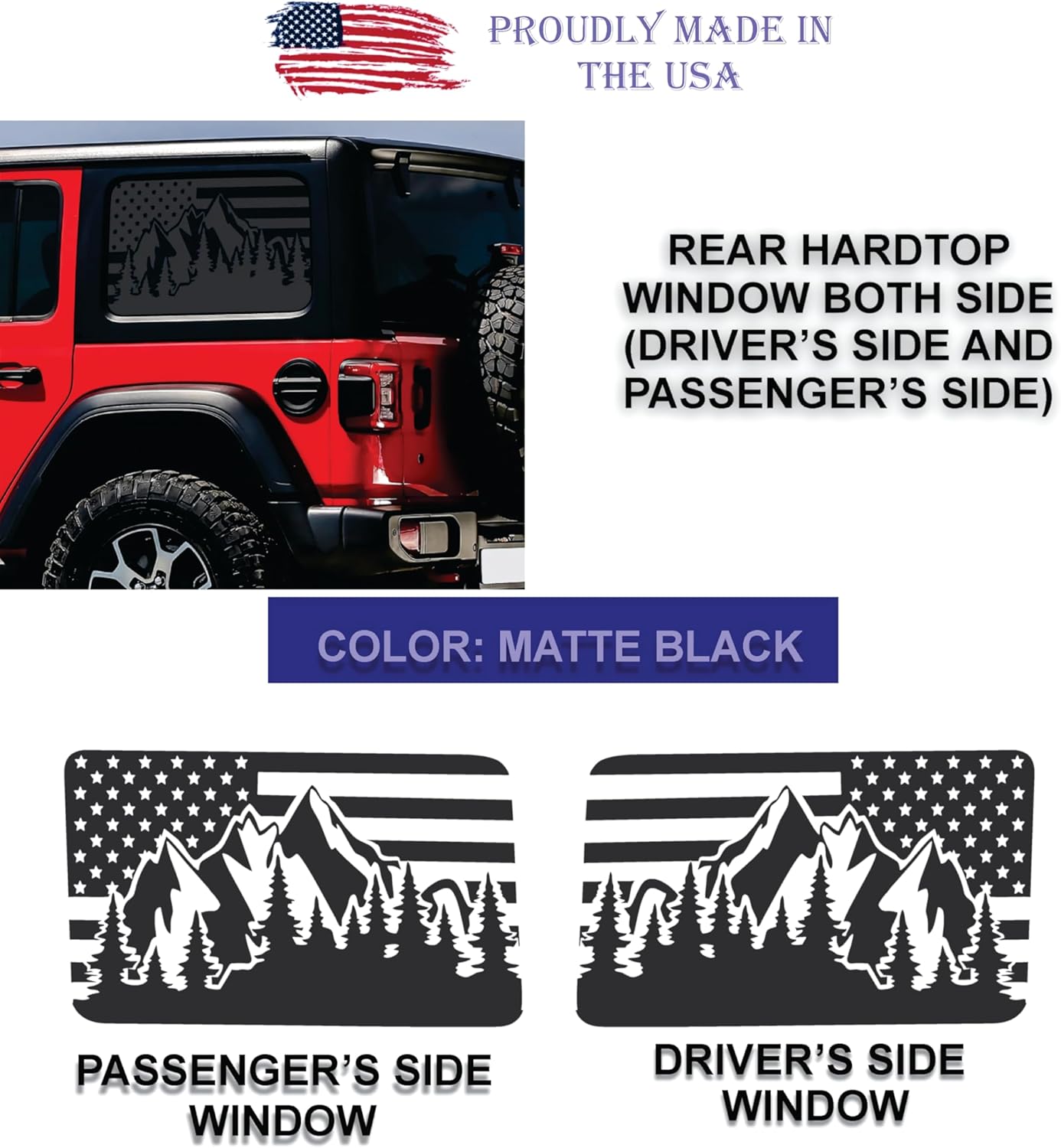 Compatible with Jeep Wrangler JL 2018 – 2026 (4 Door) | Precut US Flag Forest Mountain Window Decals | Proudly Made in The USA | (US Flag Mountain Forest)
