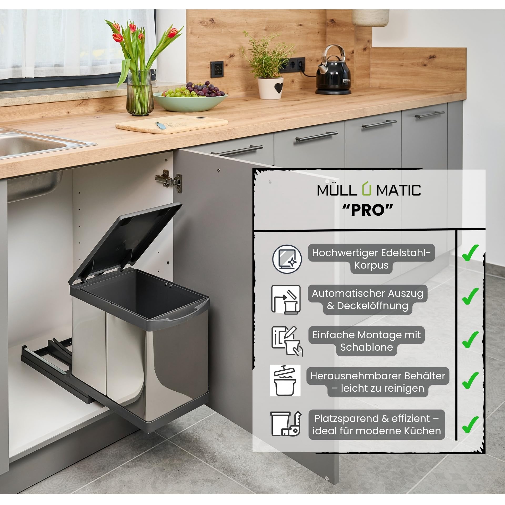 Aspira Home Müllomatic PRO 1 | SMART Einbau Mülleimer Küche ausziehbar, Abfallsammler für Unterschrank mit automatischem Auszug beim Türöffnen, 1 x 16 L Inneneimer, Edelstahl Kunststoff