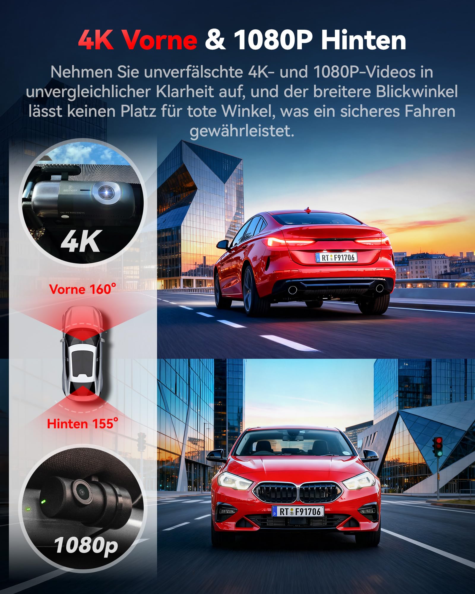 REDTIGER F9 Dashcam Auto vorne hinten 4K/1080P, 5.8GHz WiFi GPS Autokamera | Sprachansage, Schleifenaufzeichnung, Nachtsicht, Parkmodus, intelligente App-Steuerung, Unterstützung bis zu 256GB
