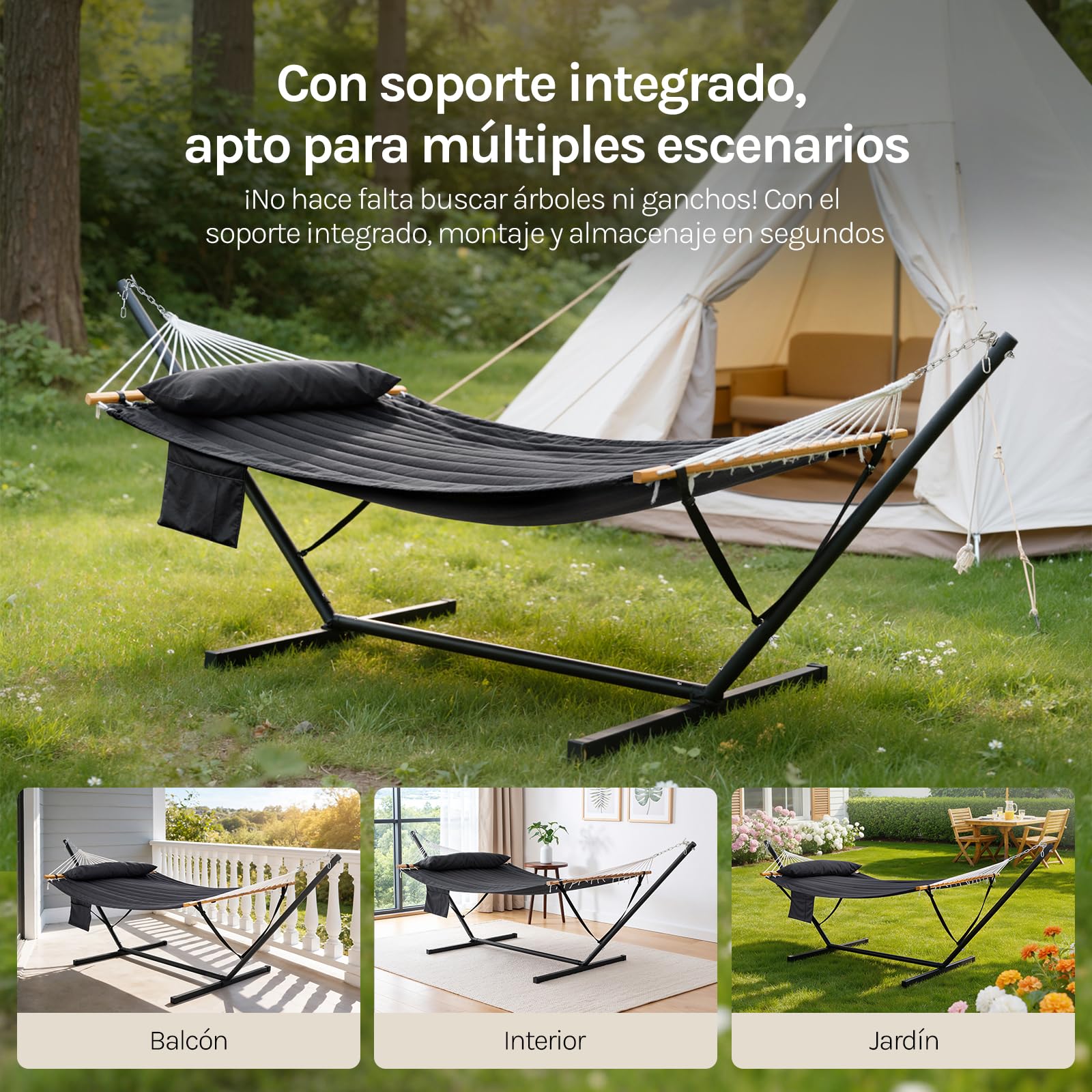 WOLTU Hamaca 2 Personas con Soporte de Metal, Hamaca Columpio para Jardín Exterior, Capacidad 250 kg, con Reposacabezas y Bolsa de Transporte, Antracita